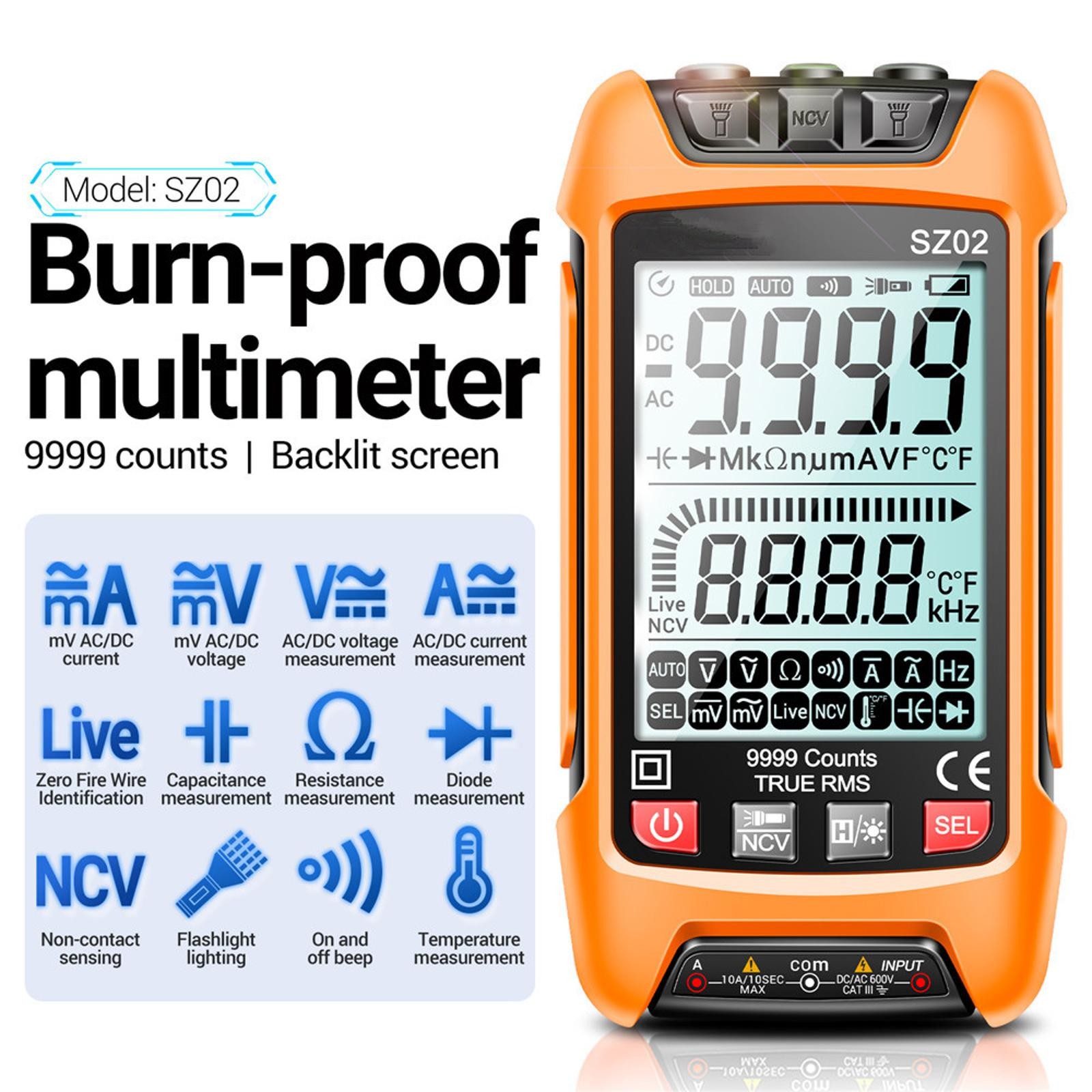 Digital Multimeter 9999 Counts DC/AC Voltage Current Resistance Tester True RMS;