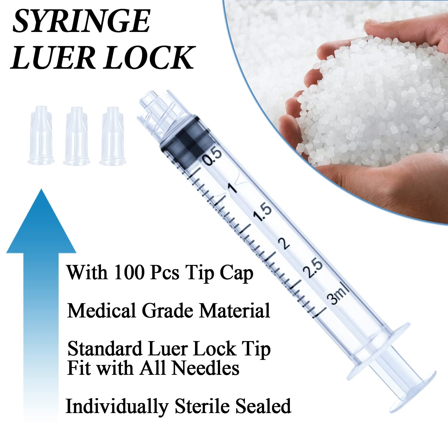 100 Pack 3ml Syringes Luer Lock with Cap, 3cc Syringe without Needle, 3ML