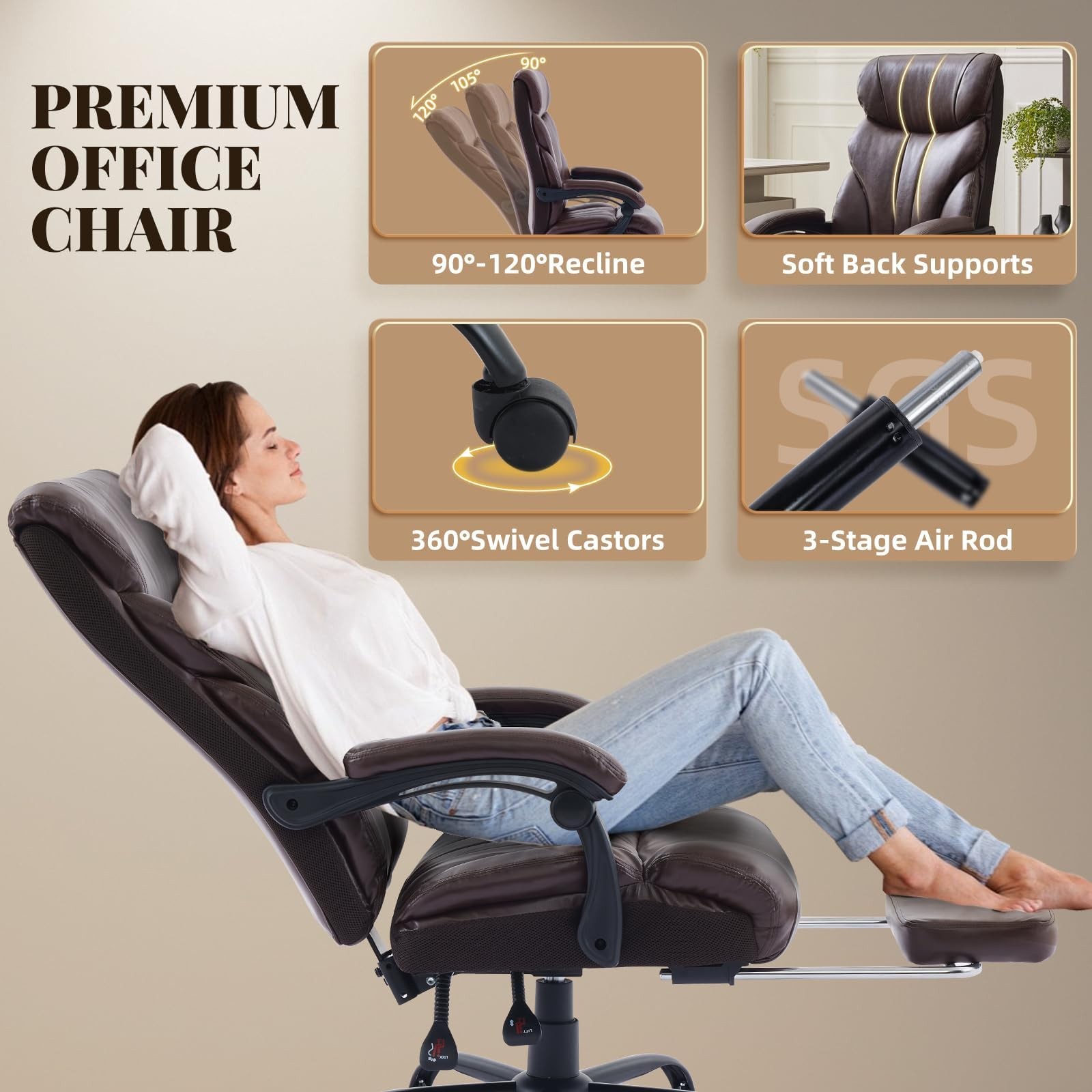 3 Soft Bags Ergonomic PU Tall Heavy Duty Executive Office Chair 500 LBS Brown