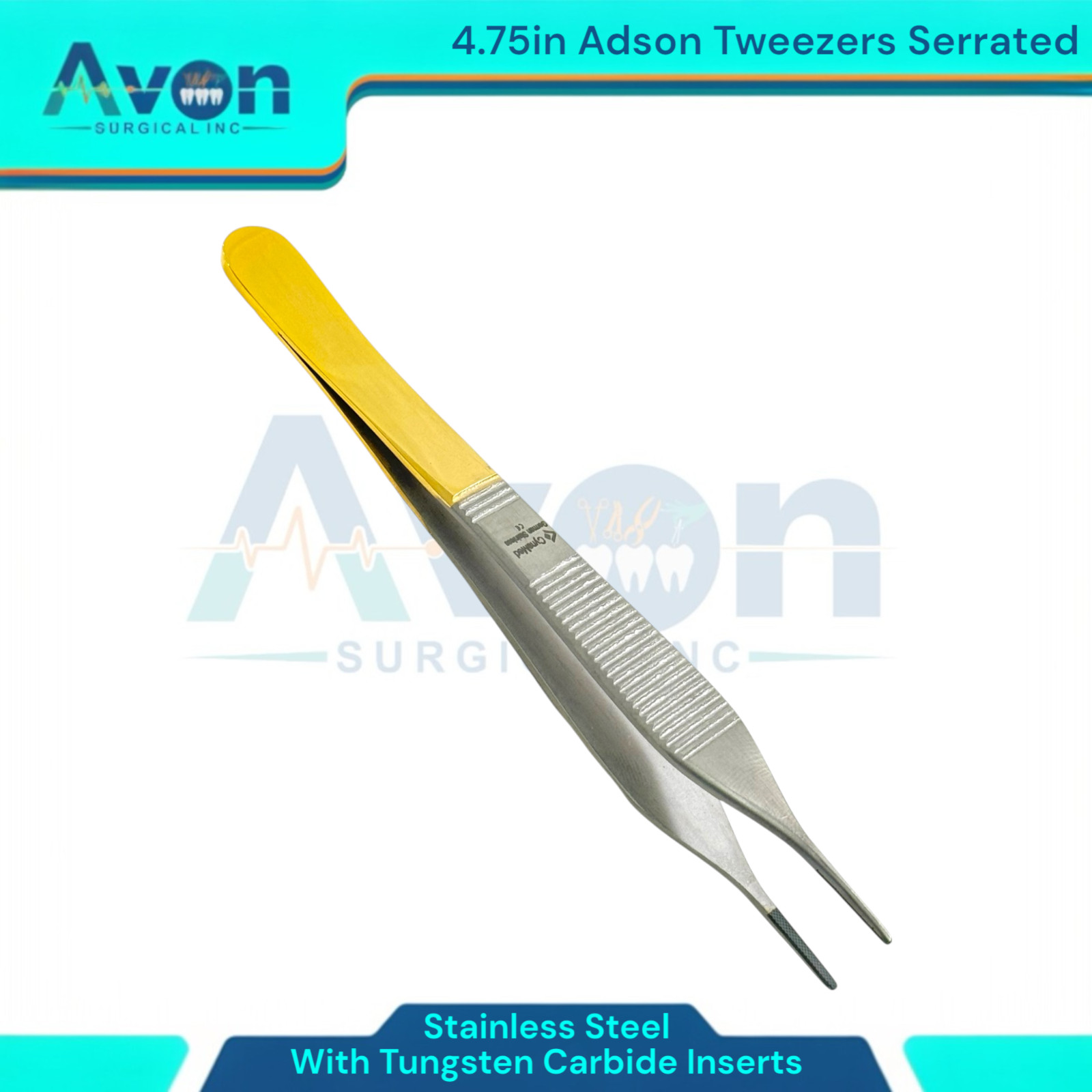 Premium Adson Thumb Serrated Tweezer Forceps, 4.75″, TC Insert Jaw – Gold Handle
