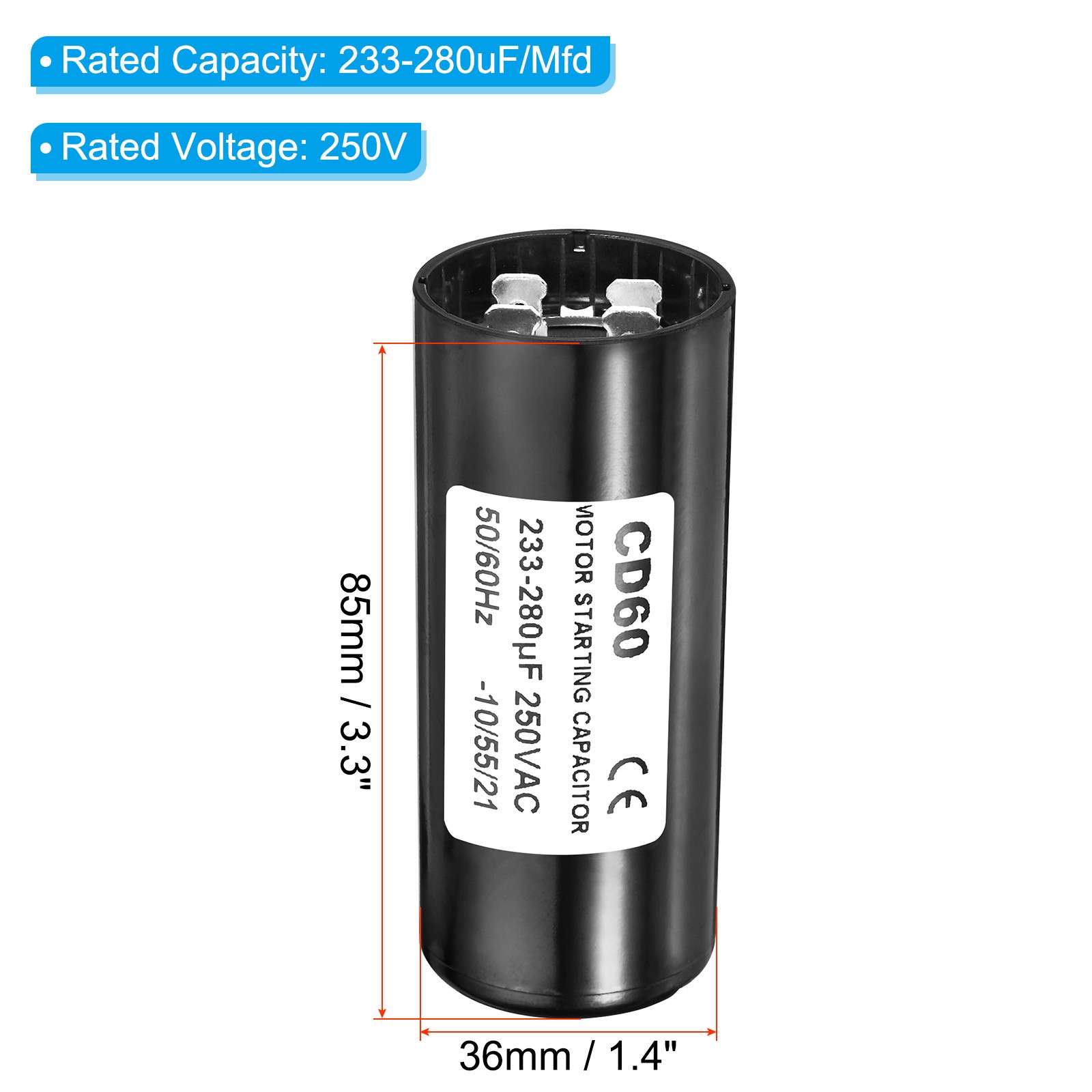 2 x Motor Start Capacitor 233-280uF/Mfd 250VAC 50/60Hz CD60 Run Capacitor