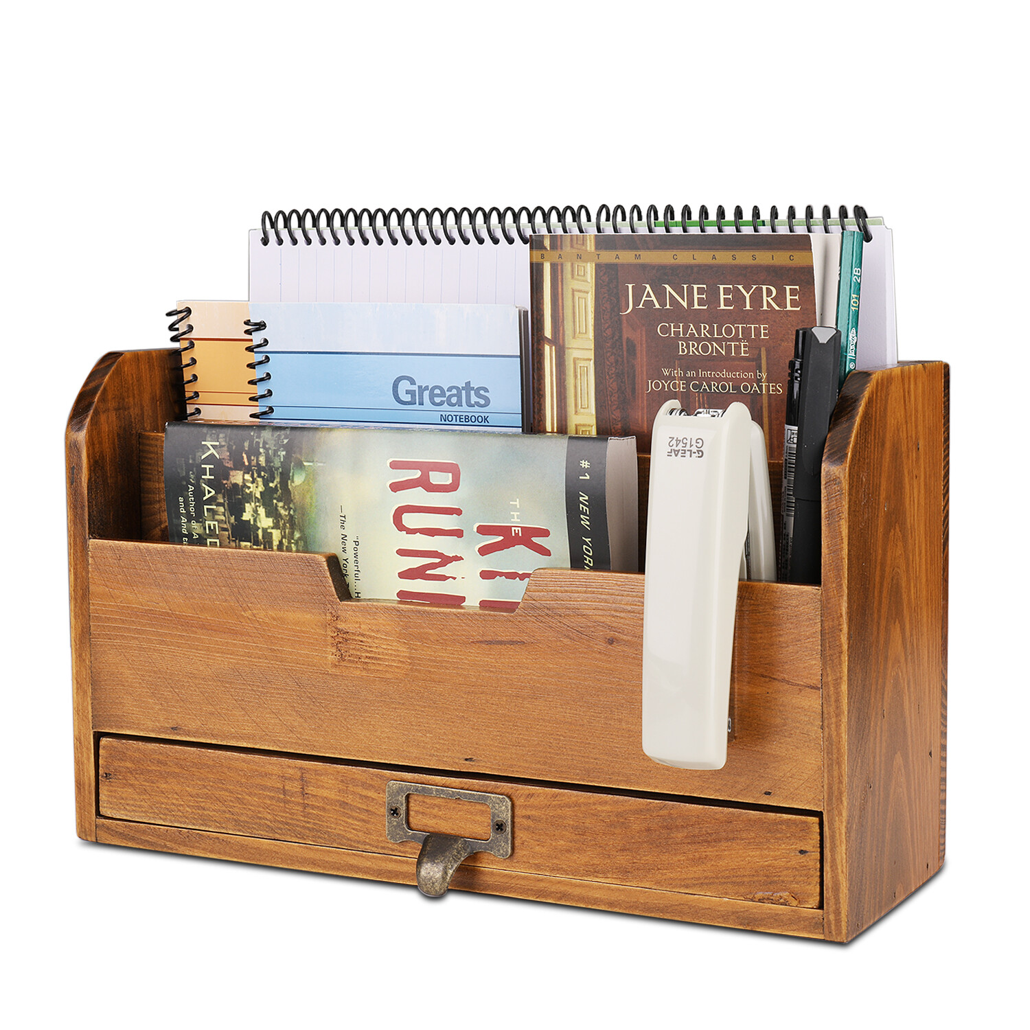 3 Tier Wooden Desk Organizer – Rustic Slot Sorter Shelf Holder with Drawer