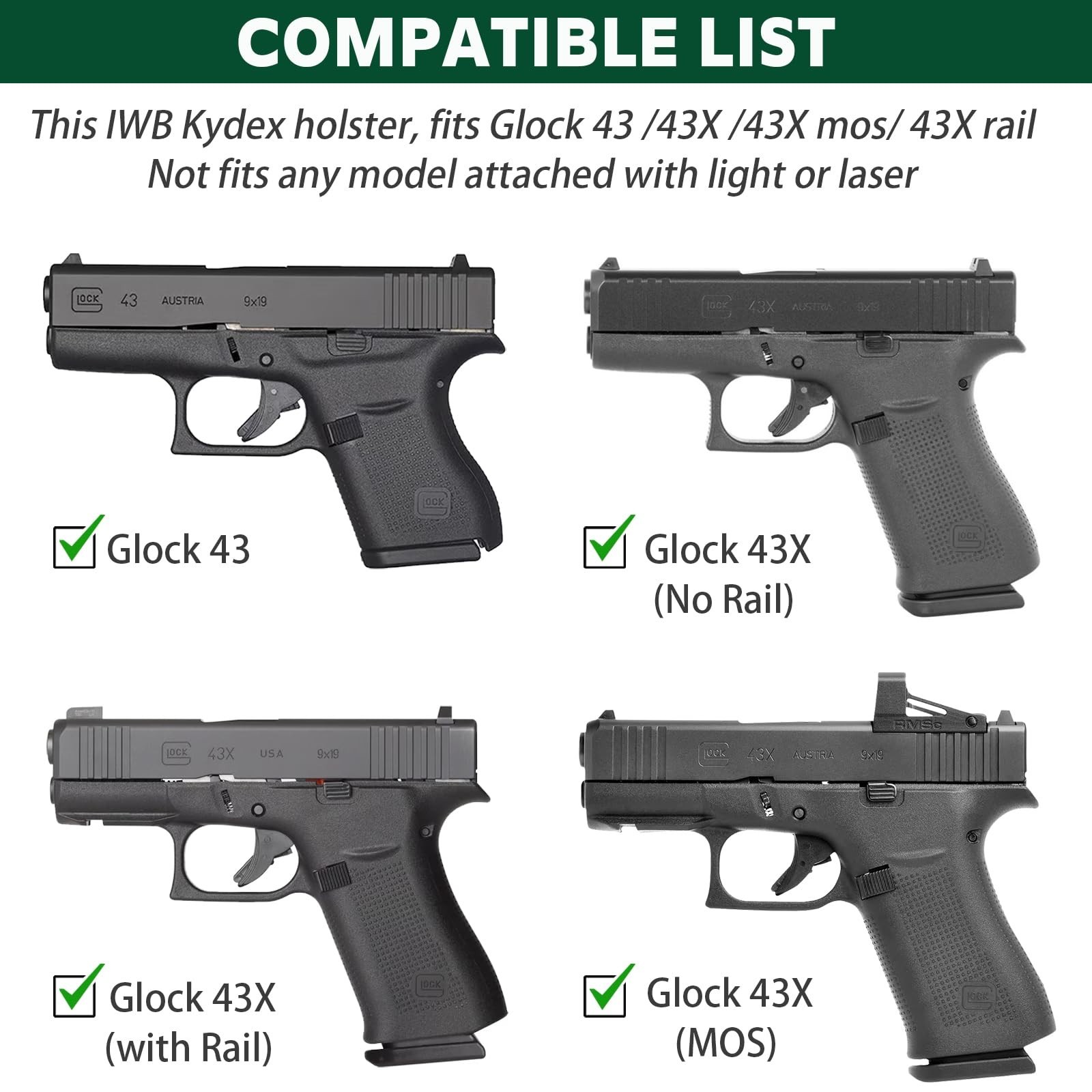 WARRIORLAND IWB Kydex Holster for Glock 43X / G43X MOS / G43 – Inside Wais