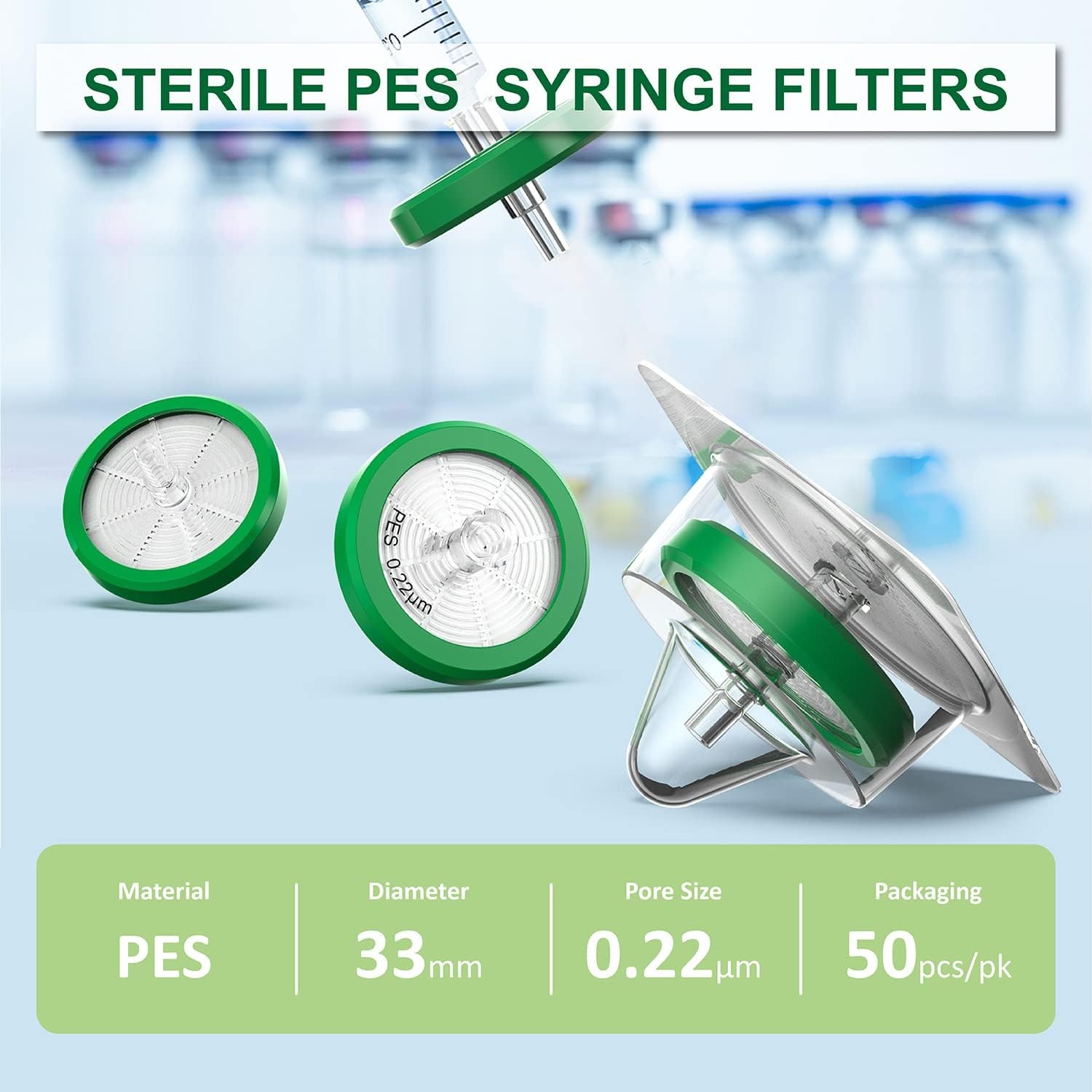 US Sterile Syringe Filter 33mm 0.22 Micron PES Membrane Hydrophilic Filter 50Pcs