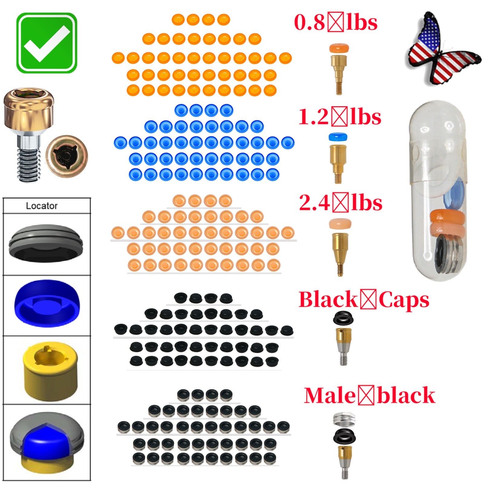 US Dental Locator Abutment Overdenture Retention Male Caps Inserts Metal Housing