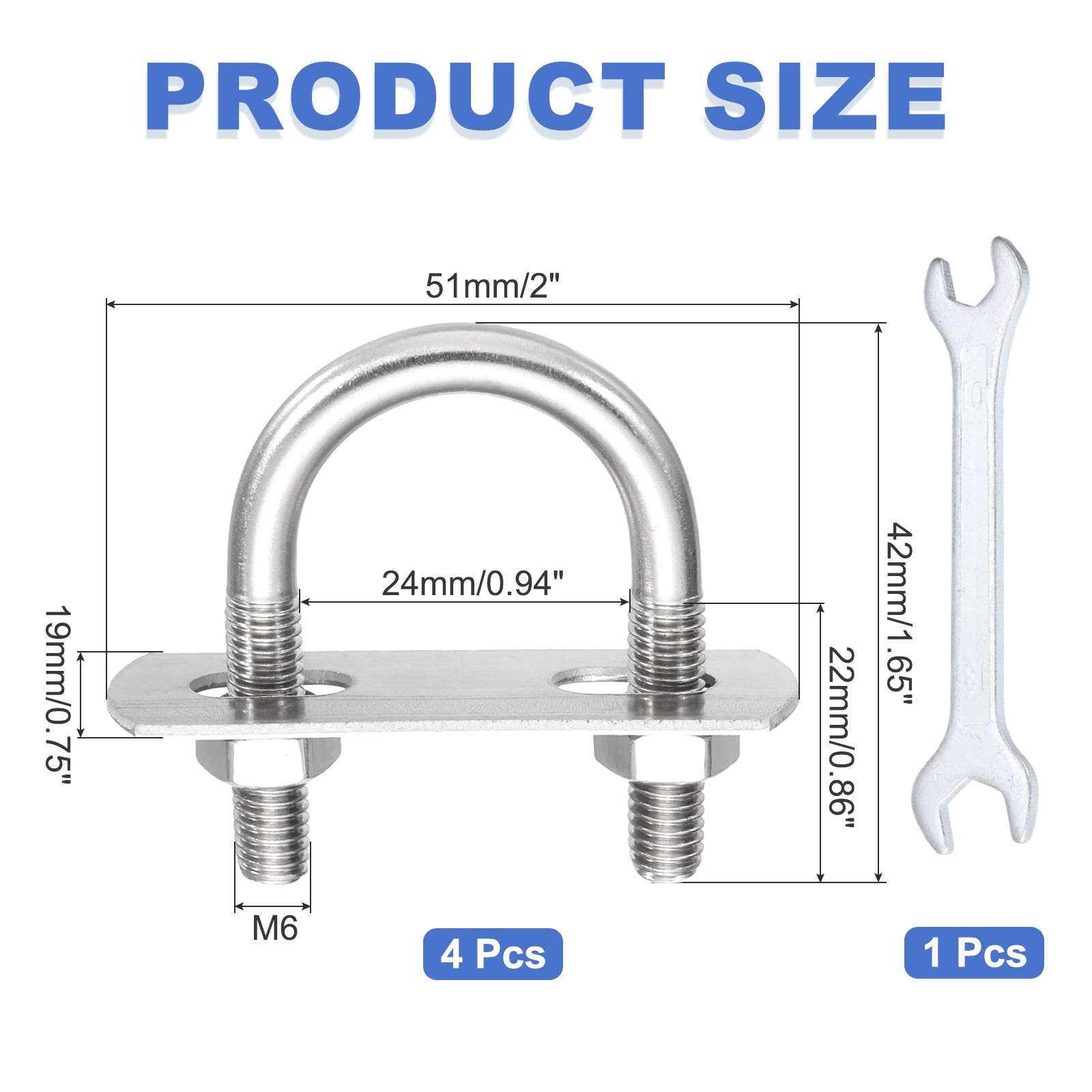 4Pcs M6 U-Bolts, Stainless Steel 0.94In(24mm) Inner Width 1.65In(42mm) Long