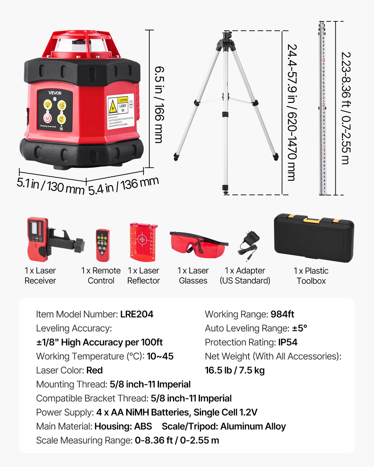 VEVOR 984ft Rotary Laser Level Kit Self Leveling Red Line with Tripod IP54
