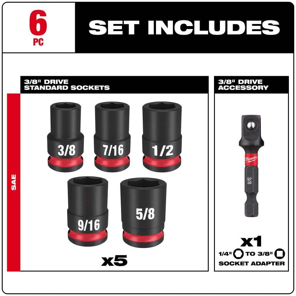 Milwaukee SHOCKWAVE 3/8″ Drive SAE 6 Point Impact Socket Set 6-Piece