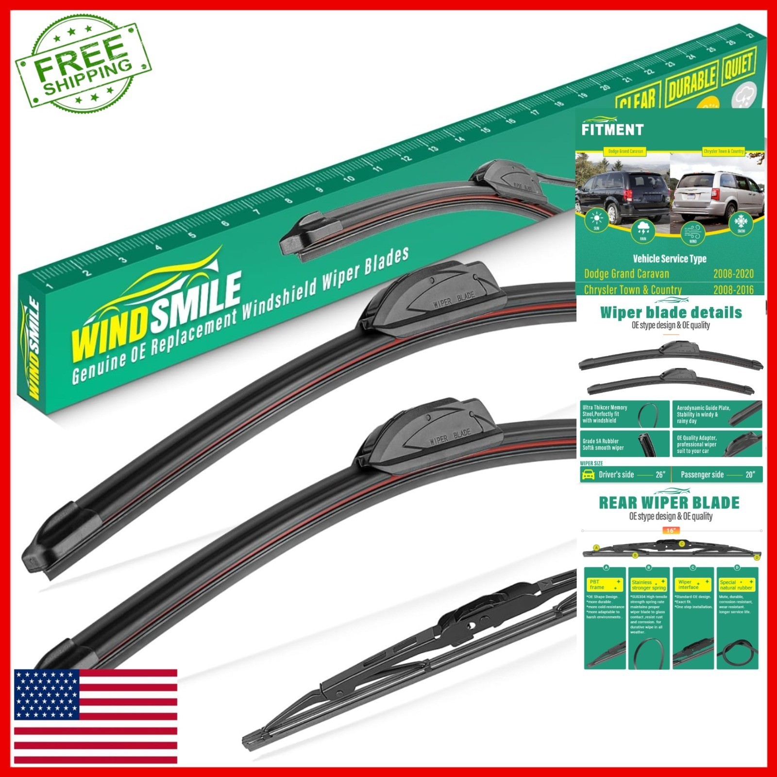 Windshield Wiper Blades for Dodge Grand Caravan & Chrysler Town & Country
