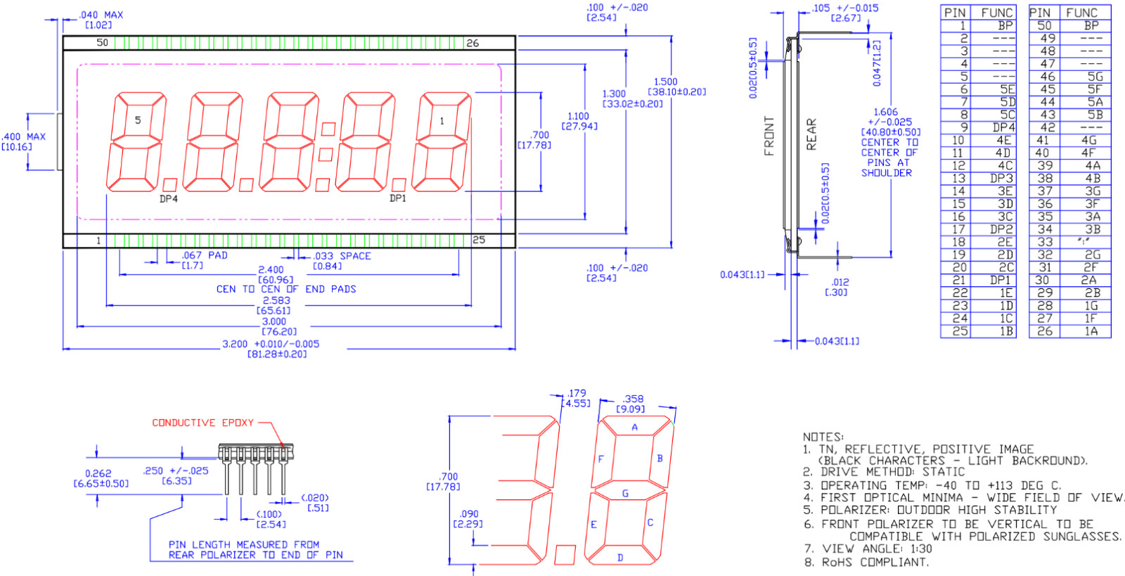 LXD – 57R3R21GH – 222 0117 Opto Display, 5 Digit, 7 Segment LCD Display, 50 Pin