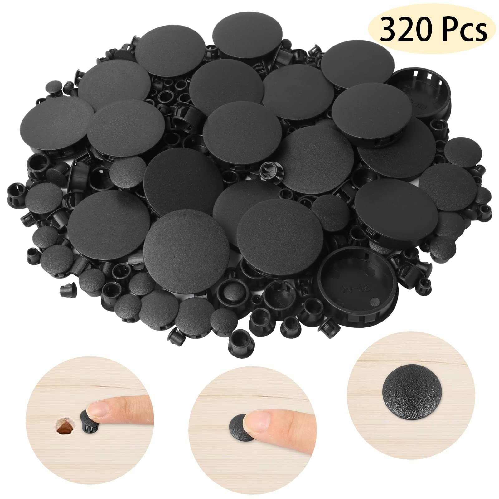 320Pcs 8 Sizes Black Plugs Hole Plastic Round Plugs,