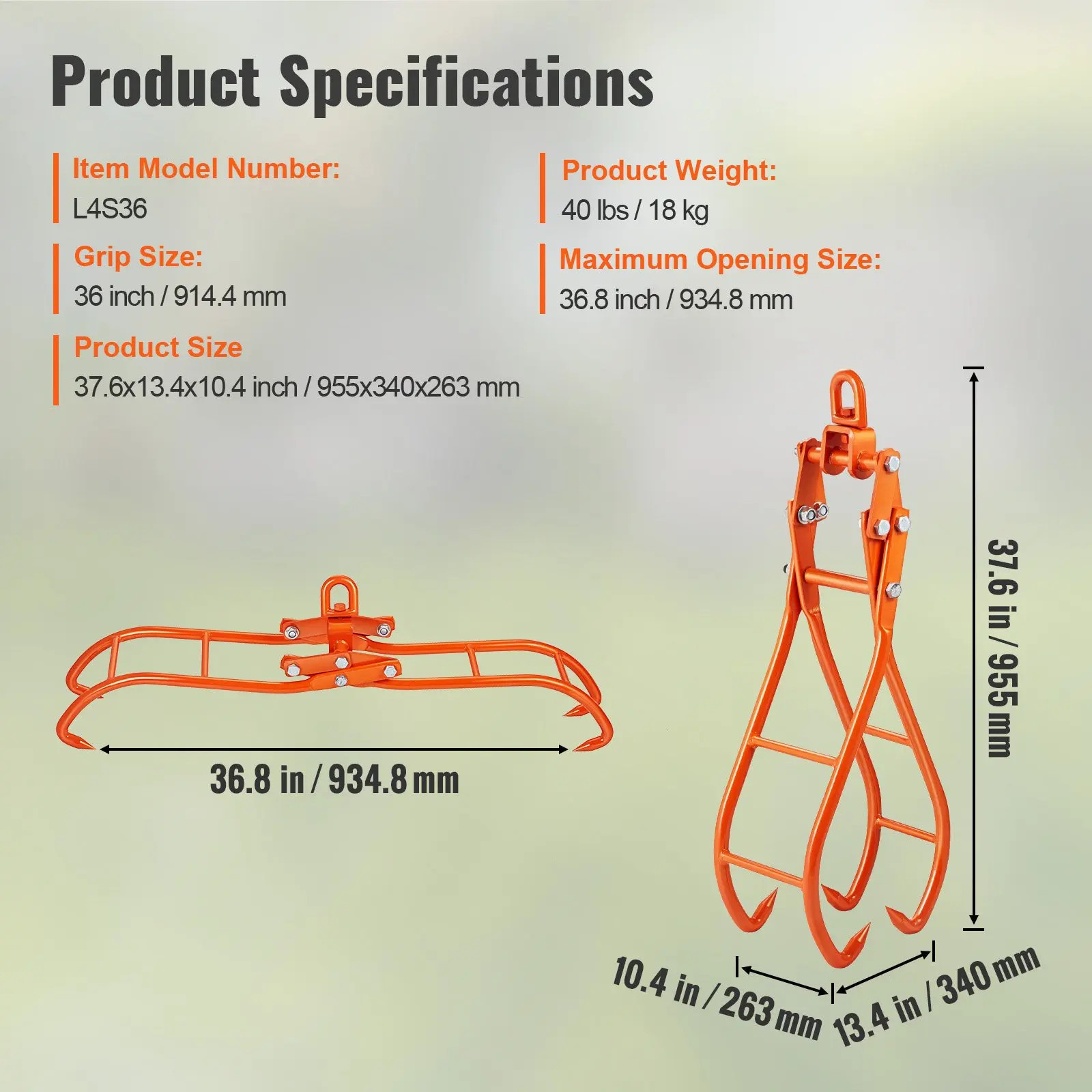 36″ Timber Log Lifting Tongs 4 Claw Swivel Steel Grapple 1500kg Loading Capacity