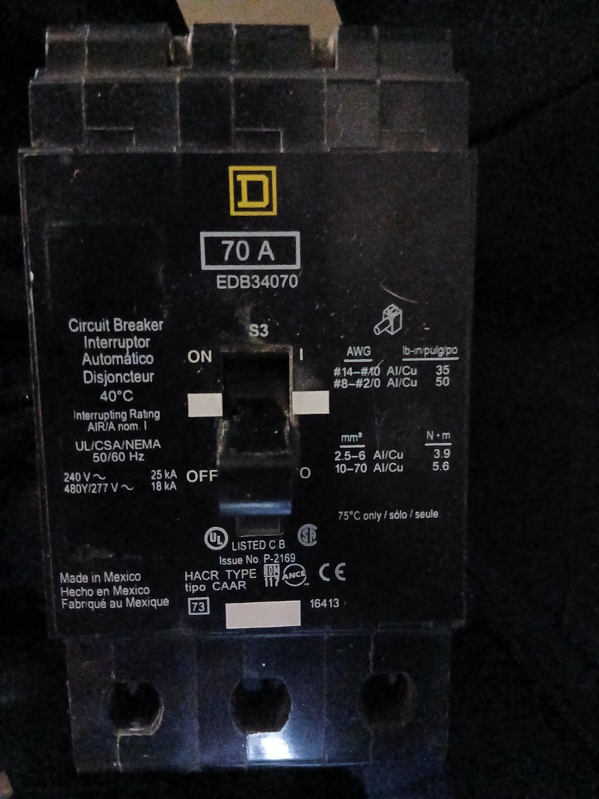 Square D EDB34070 3-Pole 227V Mini Circuit Breaker