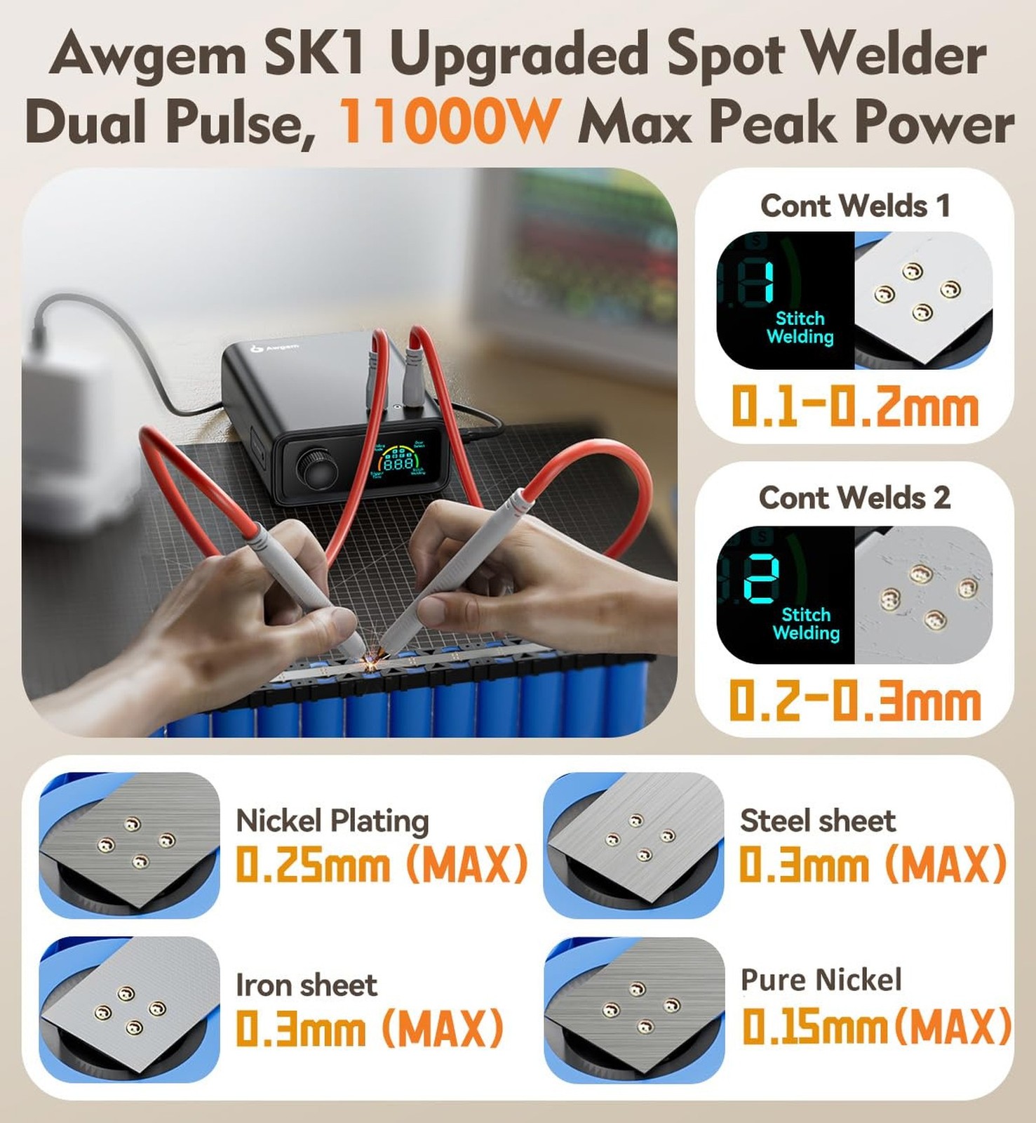 11000W Battery Spot Welder: Rotary Knob 100 Gears Adjustable, Dual-Pulse Outp…