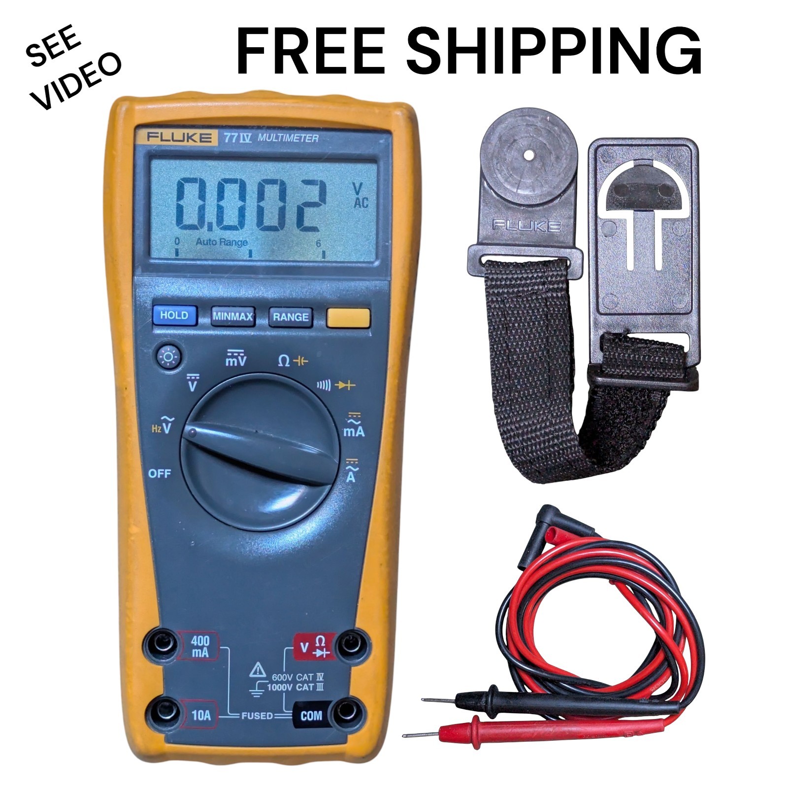 FLUKE 77-IV Multimeter W/ Leads + Magnetic Hanging Strap TPak Very Nice