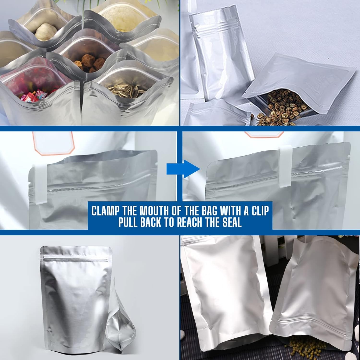 50/100 Mylar Stand-Up Food Storage Bags Resealable 9mil w/300cc Oxygen Absorbers