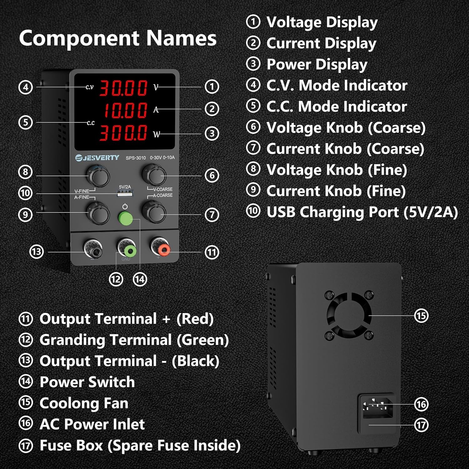 Bench Power Supply 0-30V 10A Adjustable Switching with Fine Adjustment Knob