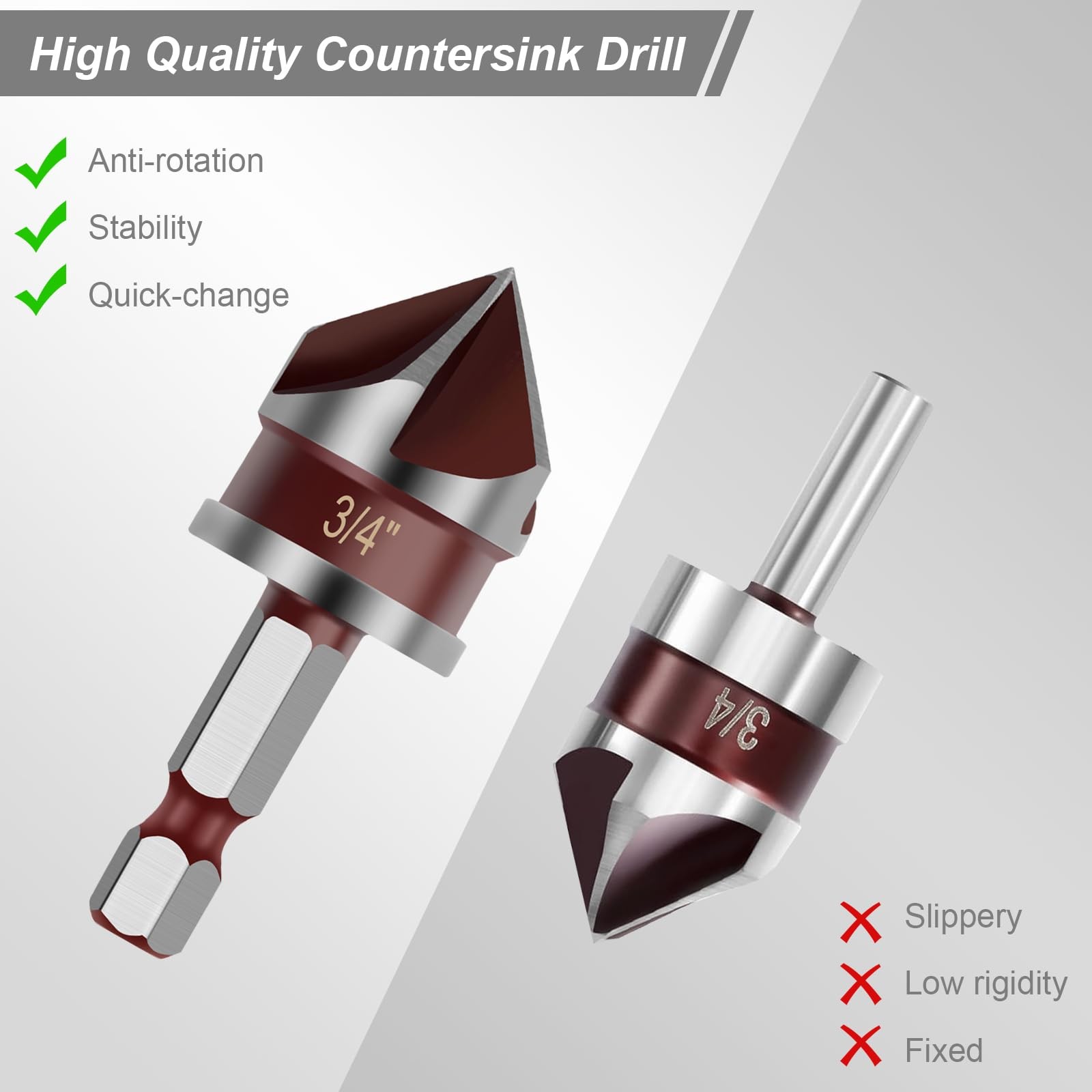 5PCS Countersink Drill Bit Set, 1/4″ Hex Shank 1/4”, 3/8”, 1/2”, 5/8”, 3/4”