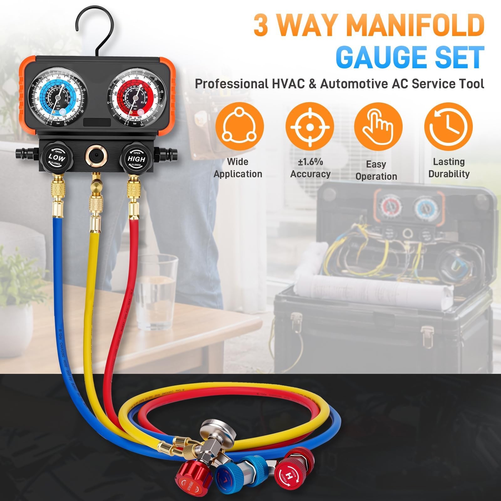 HVAC AC 3 Way Manifold Gauge Set w/ 5ft Hoses R134a R410a R22 R32 R404a Tool Kit