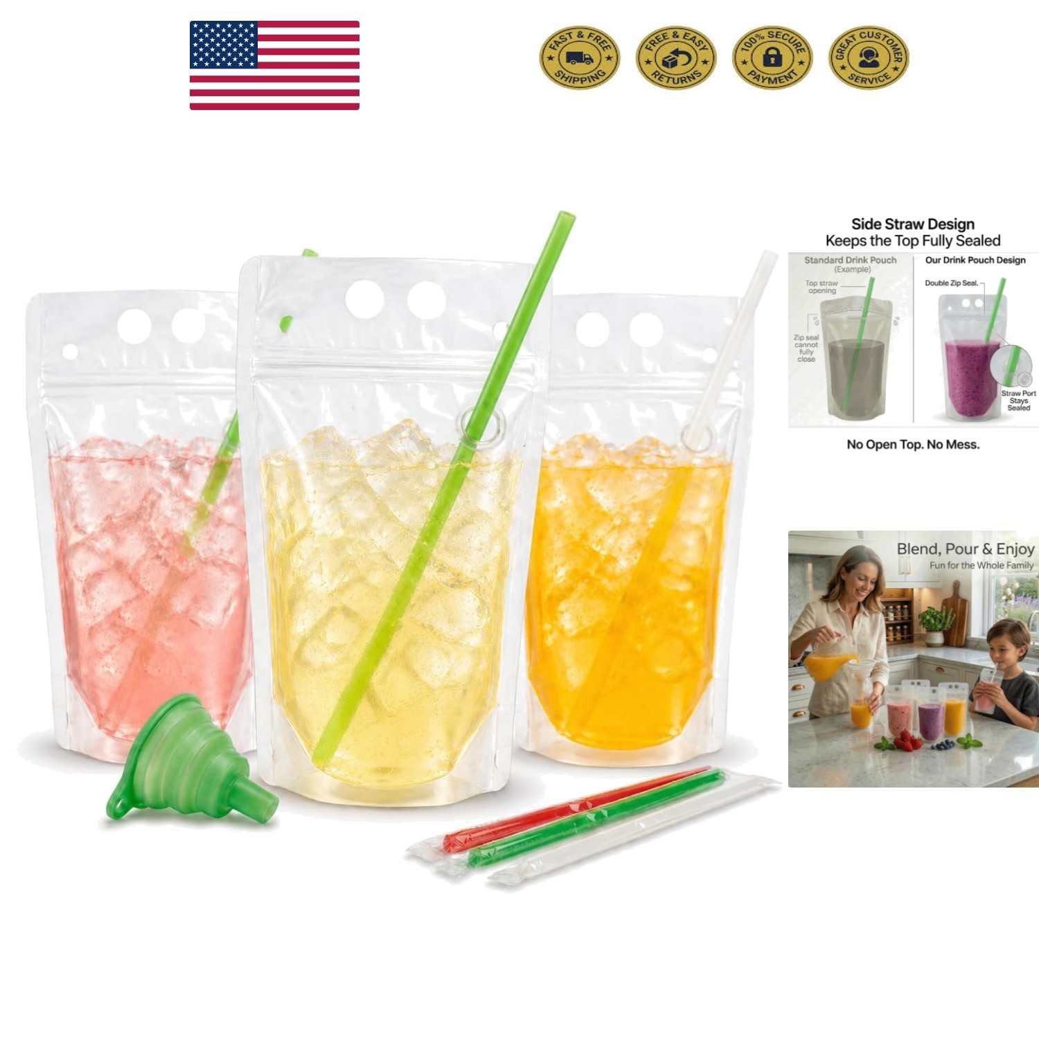 BPA-Free Resealable Beverage Pouches – 100 Count, Spill-Resistant and Reusable