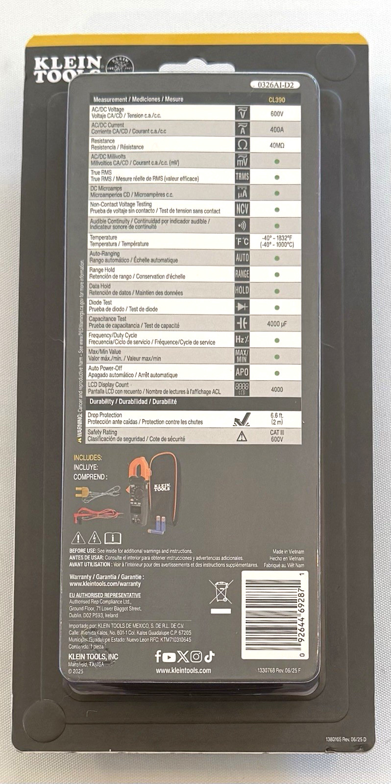 Klein Tools CL390 Auto-Ranging TRMS Digital Clamp Meter CAT III 600V 400A