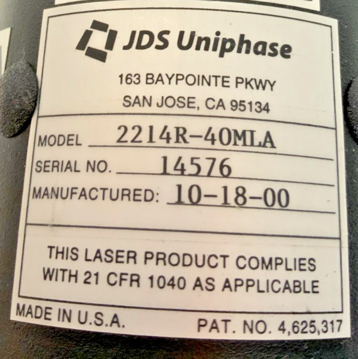 JDS Uniphase 2114P-20SLMD W JDS 2214R-40MLA Continuous Wave Argon Laser Head