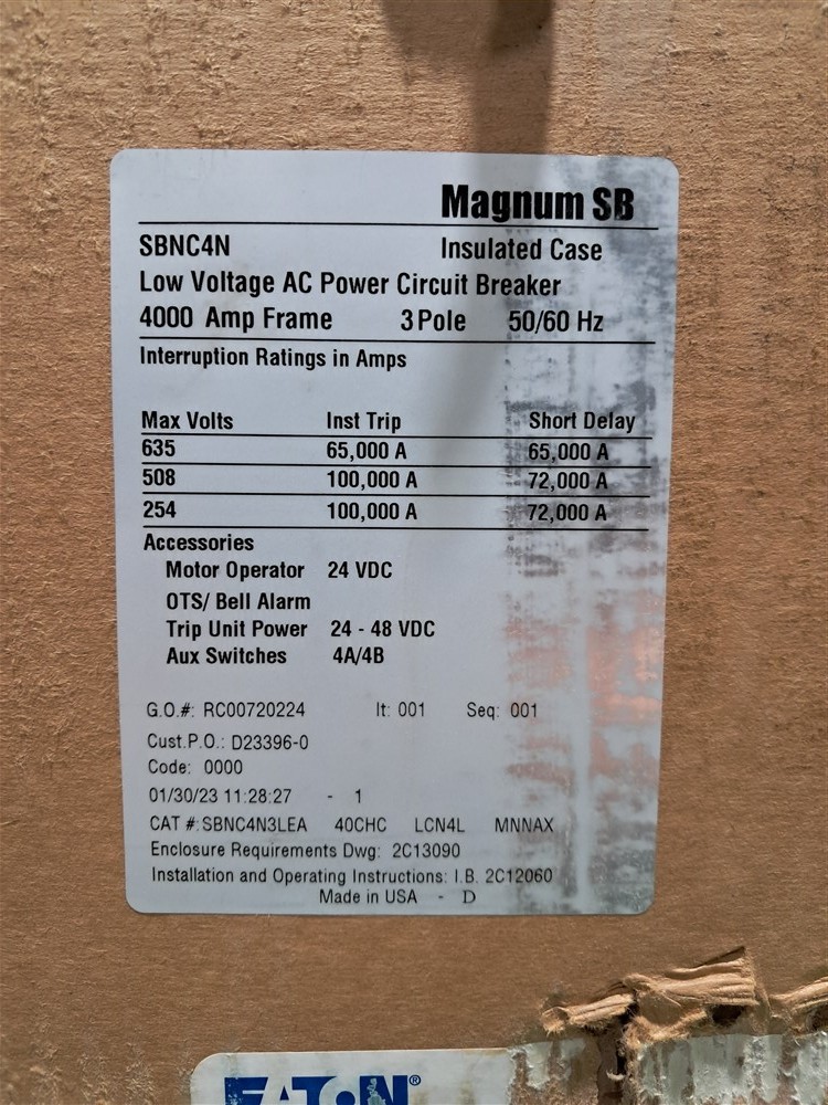 4000A EATON SBNC4N Magnum SB Circuit Breaker 635V SBNC4N3LEA 40CHC LCN4L MNNAX