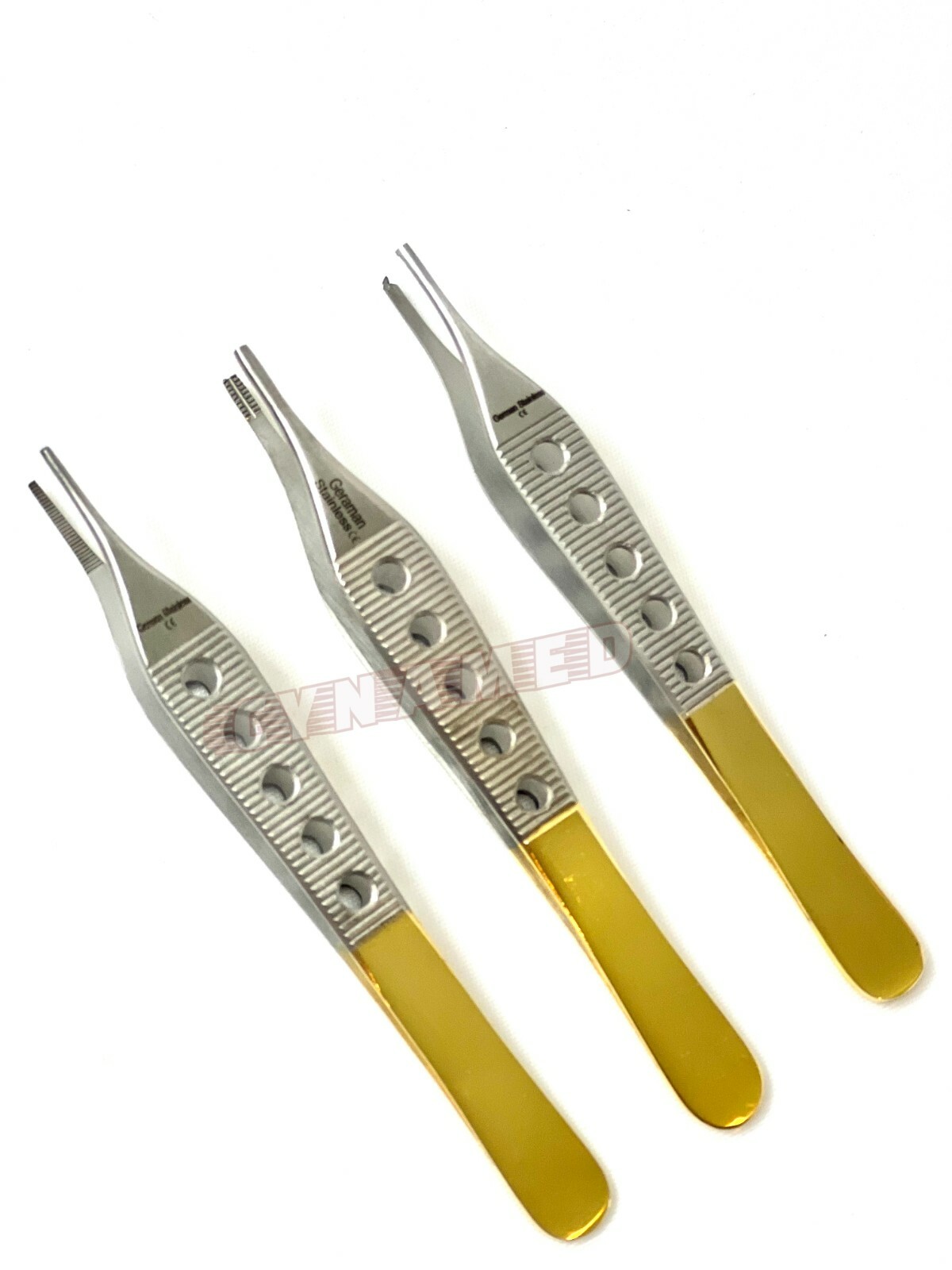 3 PCS GERMAN GOLD HANDLE ADSON TISSUE+BROWN+DRESSING FORCEPS 4.75″ FINESTRATED