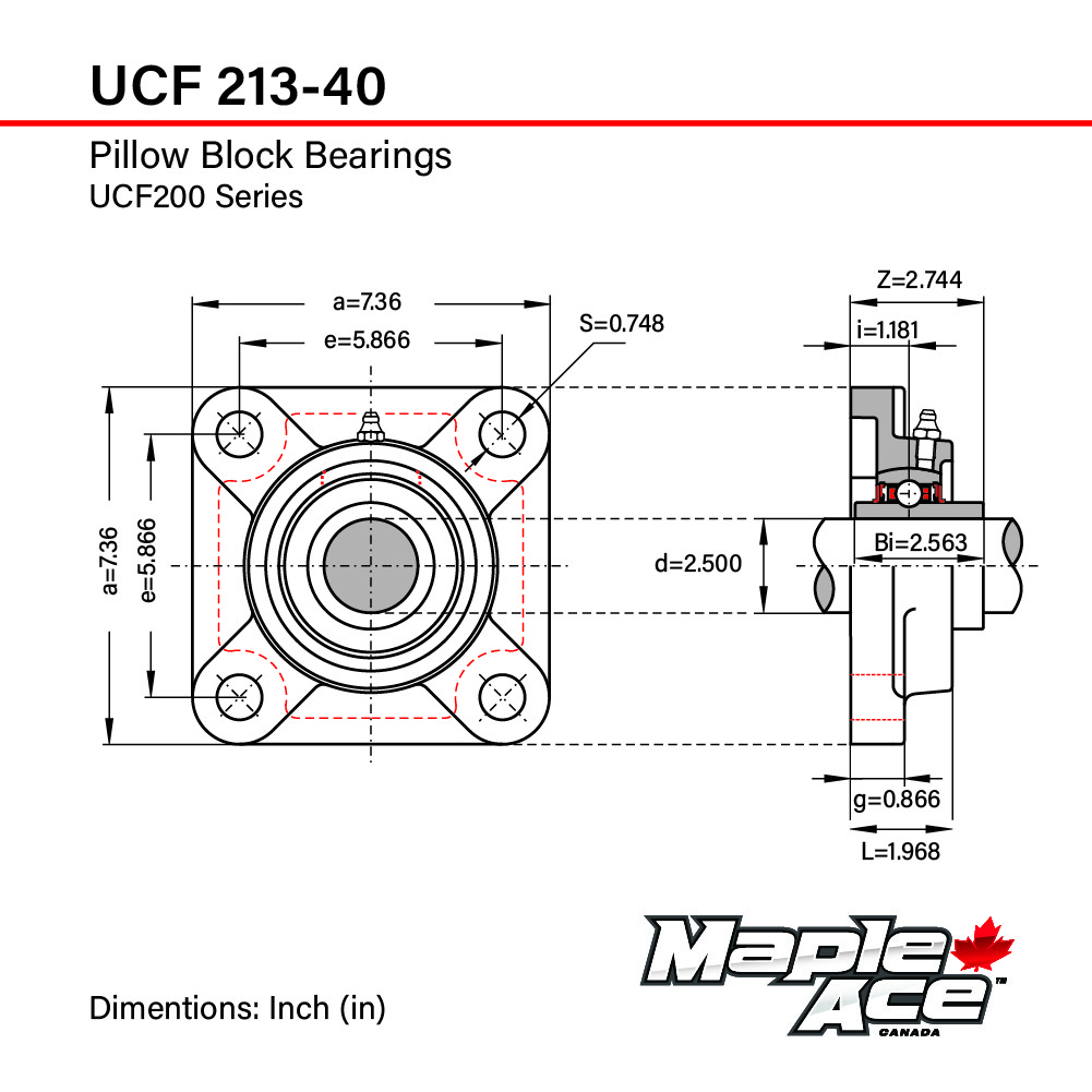 UCF213-40 Flange Bearing 2-1/2″ Bore, 4-Bolt Self-Aligning, Solid Base (Qty 1)