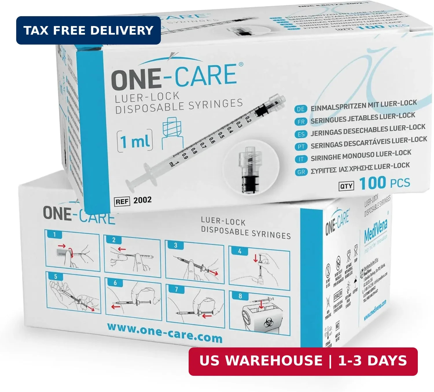 ONE-CARE 1ml (1cc) Luer Lock Syringe, box of 100 pcs Individually Packed | High-