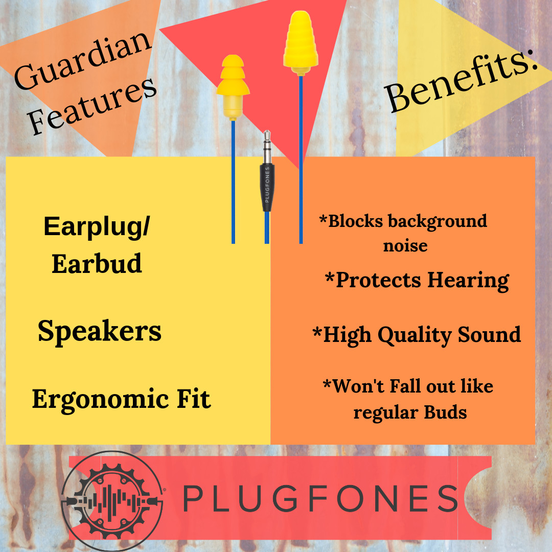 Plugfones Guardian, Earplugs with Audio, Earplug Headphones, 26 dB NRR, Yellow