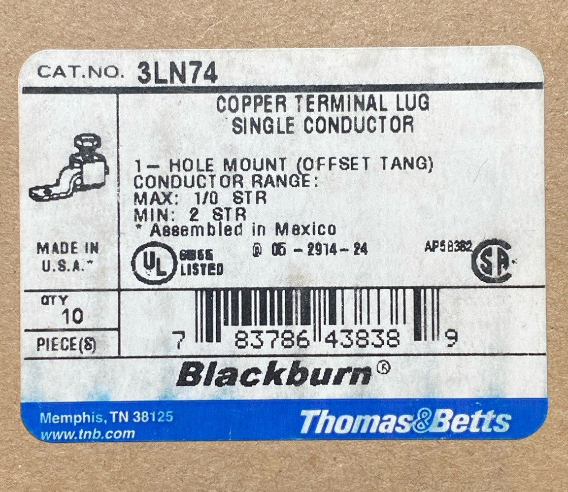 Qty 10- Blackburn Copper Mechanical Screw Lug Offset 1 Hole, 2 – 1/0 STR BTC1102
