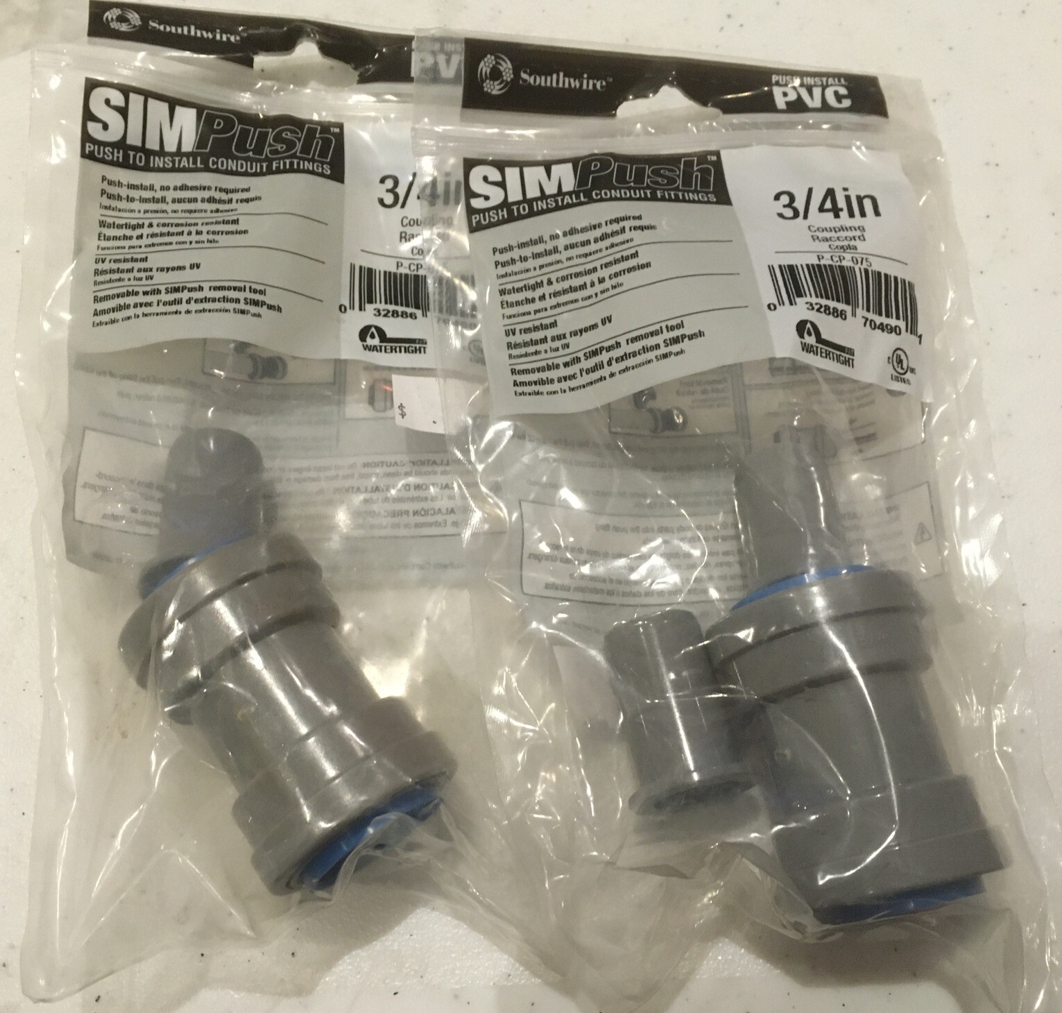 [2 Pack]Southwire SimPush 3/4” Push Install PVC Conduit Couplings # P-CP-075