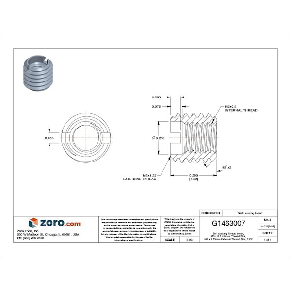 E-Z Lok 453-5-Pk5 Heavy Wall Self Locking Thread Insert, M5-0.80 Int Thrd Sz,
