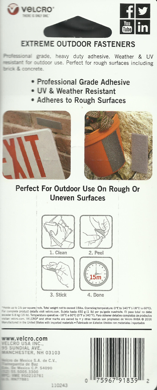 VELCRO eXtreme Outdoor STRENGTH 2 sets Adhesive Black STRIPS 4″ x 2″ 91839