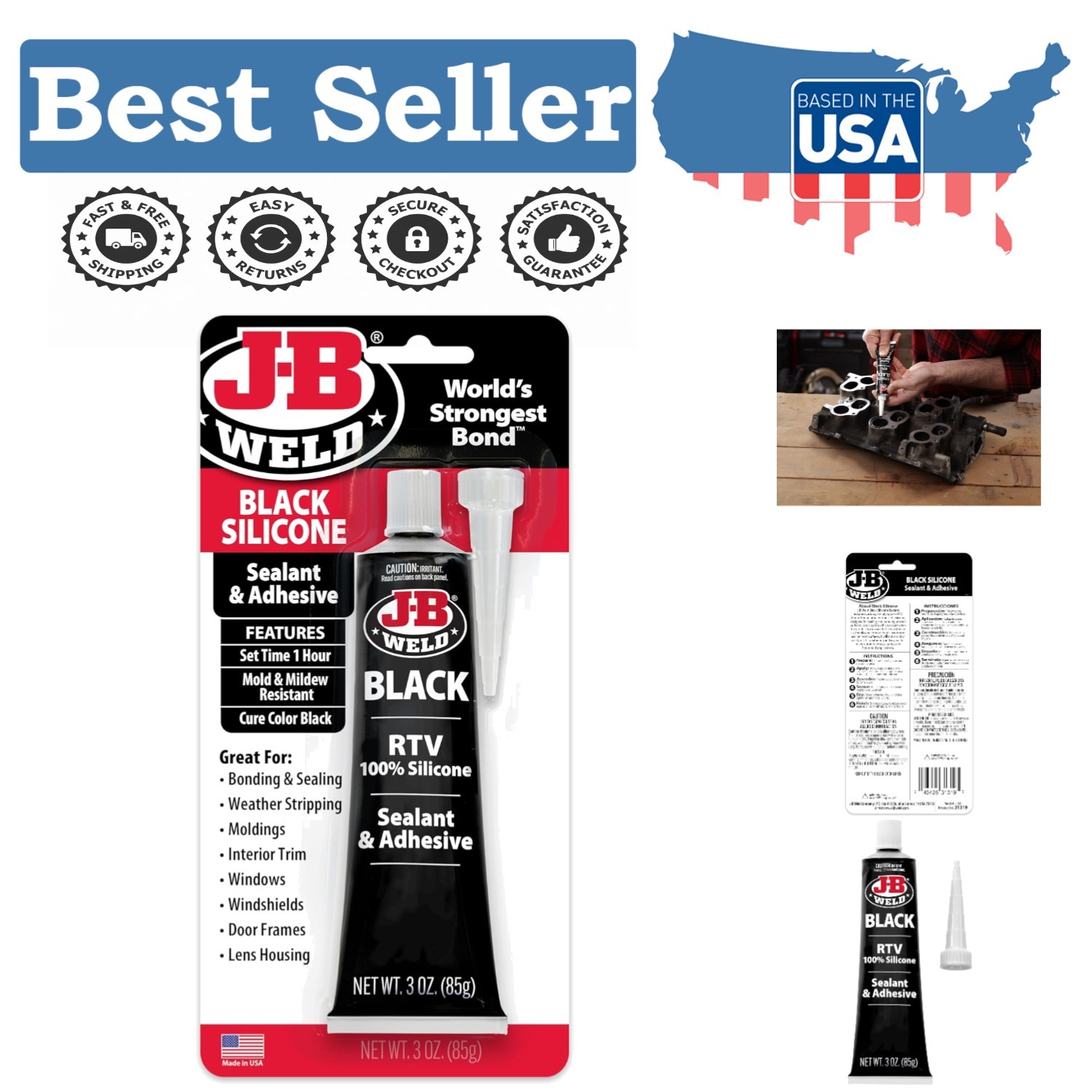 Black RTV Silicone Sealant & Adhesive – 3 oz Waterproof, Crack Resistant