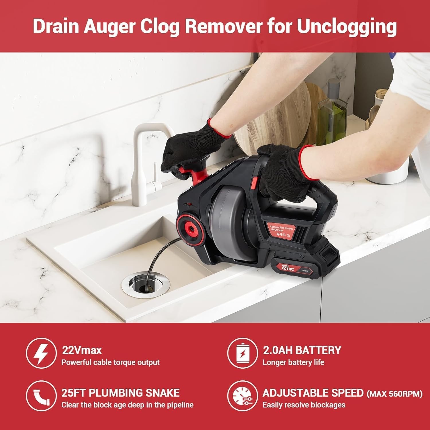 Garvee Drain Auger Electric 25ft Plumbing Snakes Drain Clog Remover w/ Battery