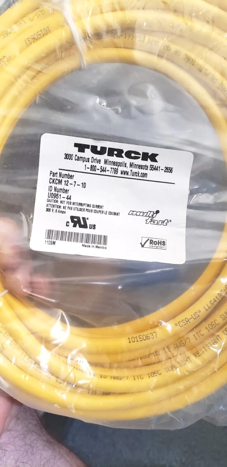 TURCK CKCM 12-7-10 CORDSET 12 PIN M23 FEMALE STR 10M PVC YE 18AWG 300VAC/DC, New