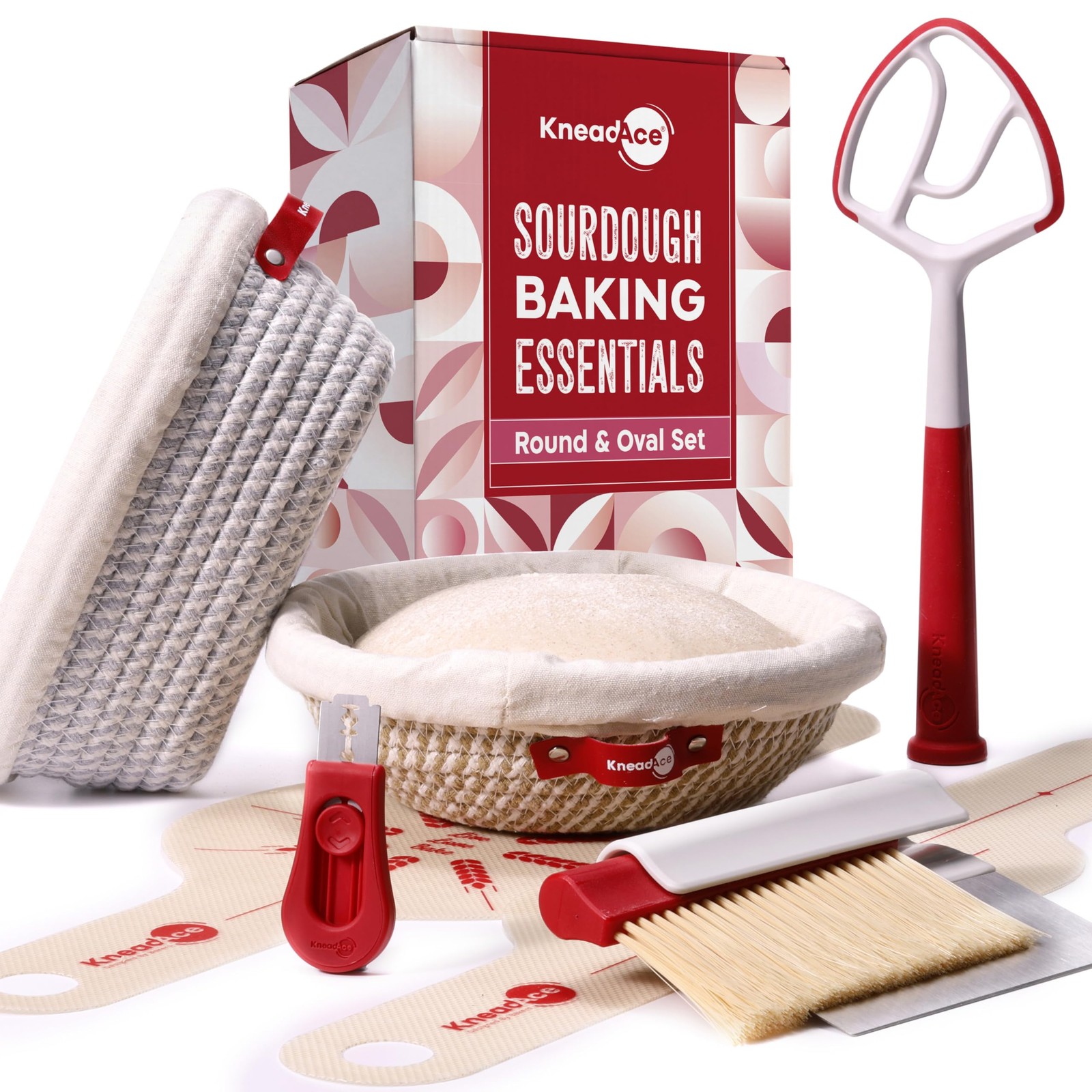 KneadAce Sourdough Starter Kit with Round & Oval 10″, Beige/Gray/White