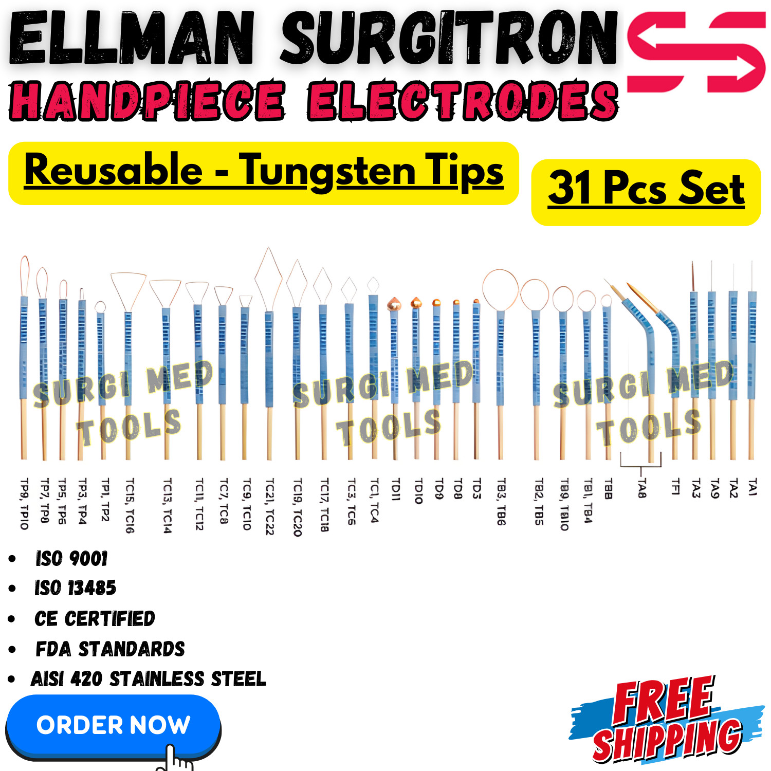 Ellman Surgitron Skin Cautery Electrodes CE Certified Set Reusable-Tungsten Tips