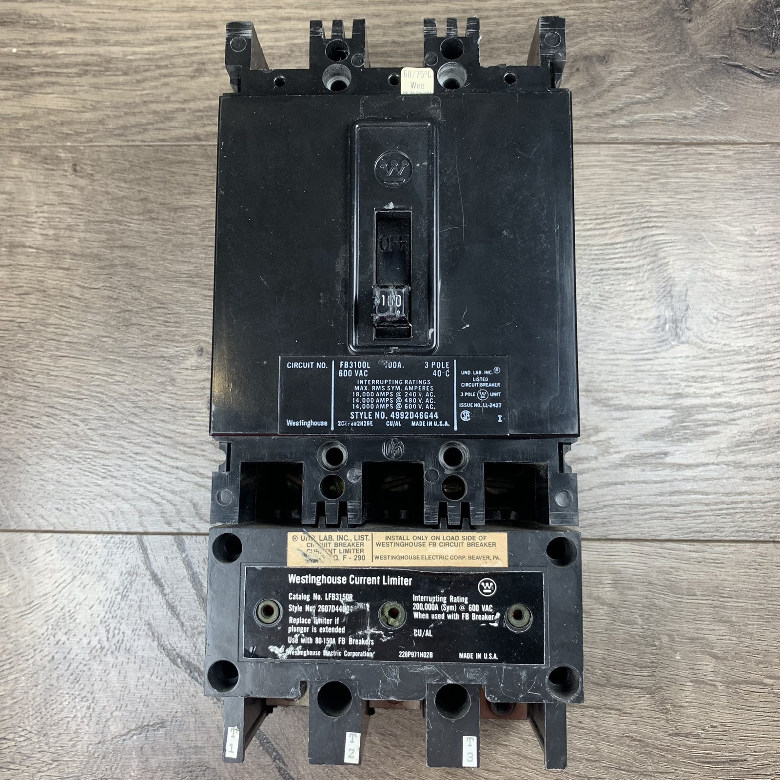 Westinghouse FB3100L 100A 600VAC 3P Circuit Breaker with Current Limiter