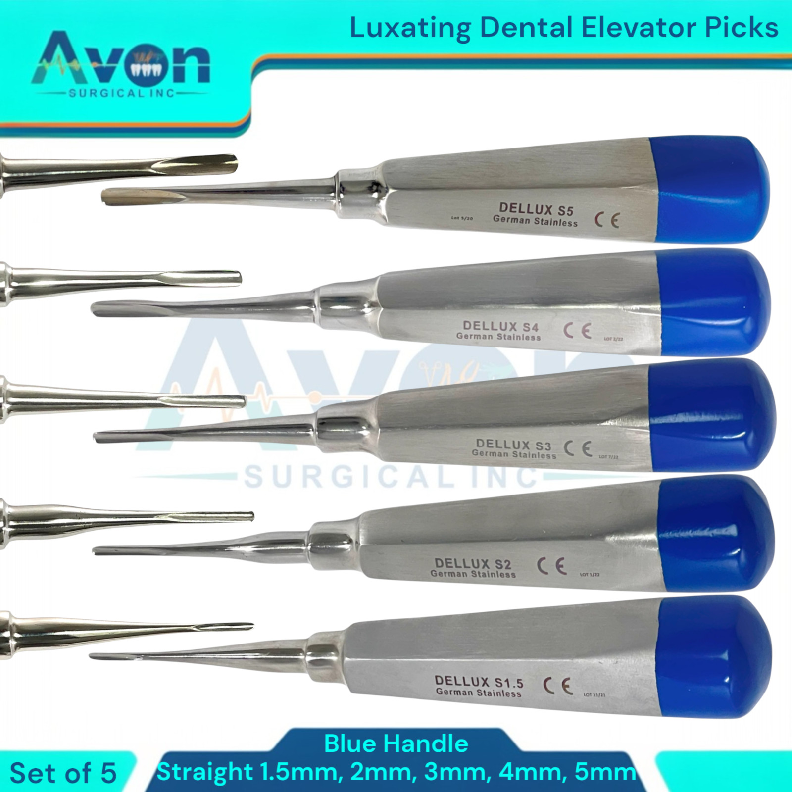 Dental Tooth Extraction Luxating Elevators, 1.5mm to 5mm, STR, German Steel(5PK)