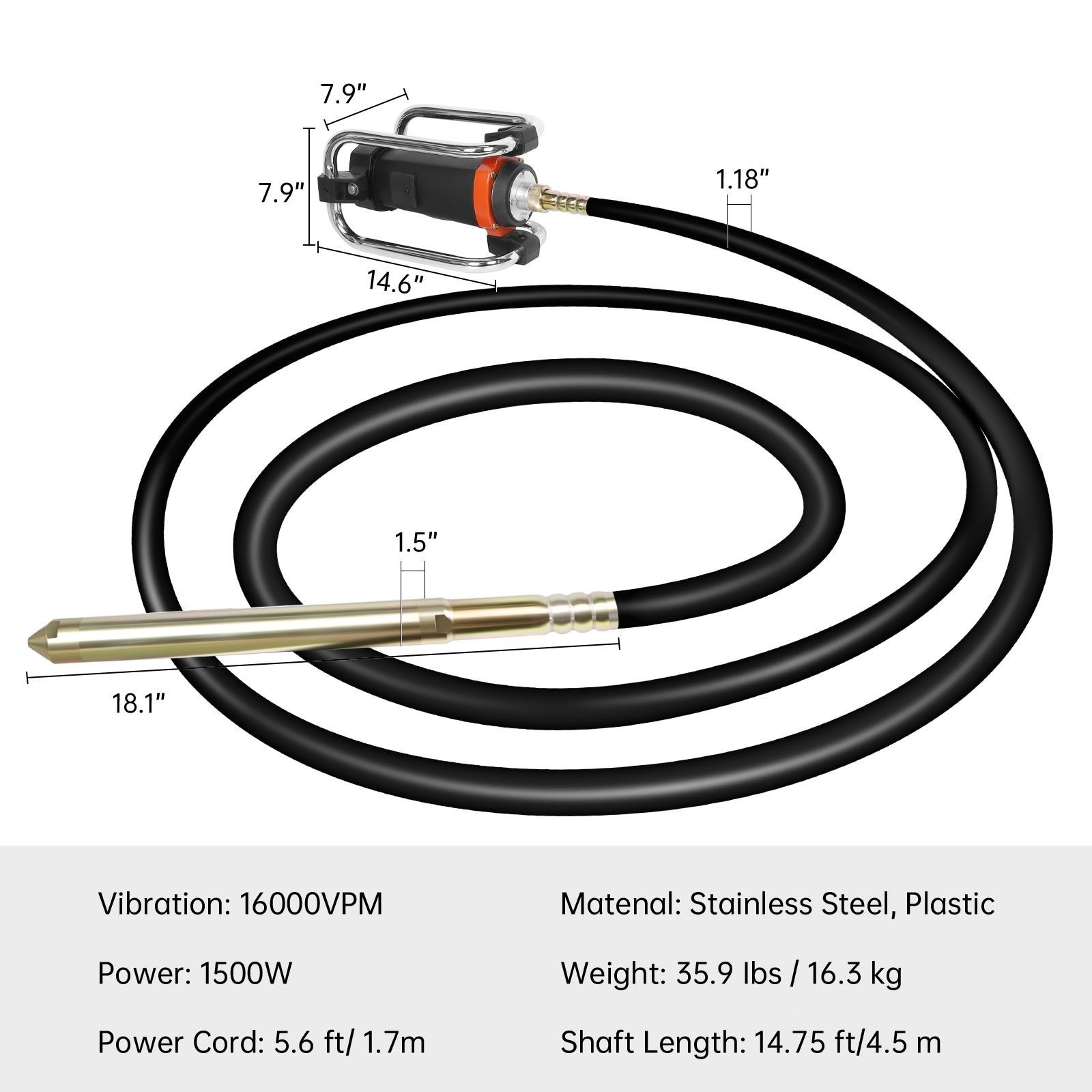 1300W Power Concrete Vibrator 16000 VPM Durable 2HP 14.75 FT Copper Engine