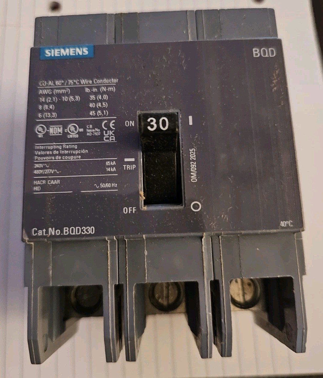 Siemens BQD330 30 Amp 480 VAC 3 Pole Type BQD Bolt On Breaker NO BOX
