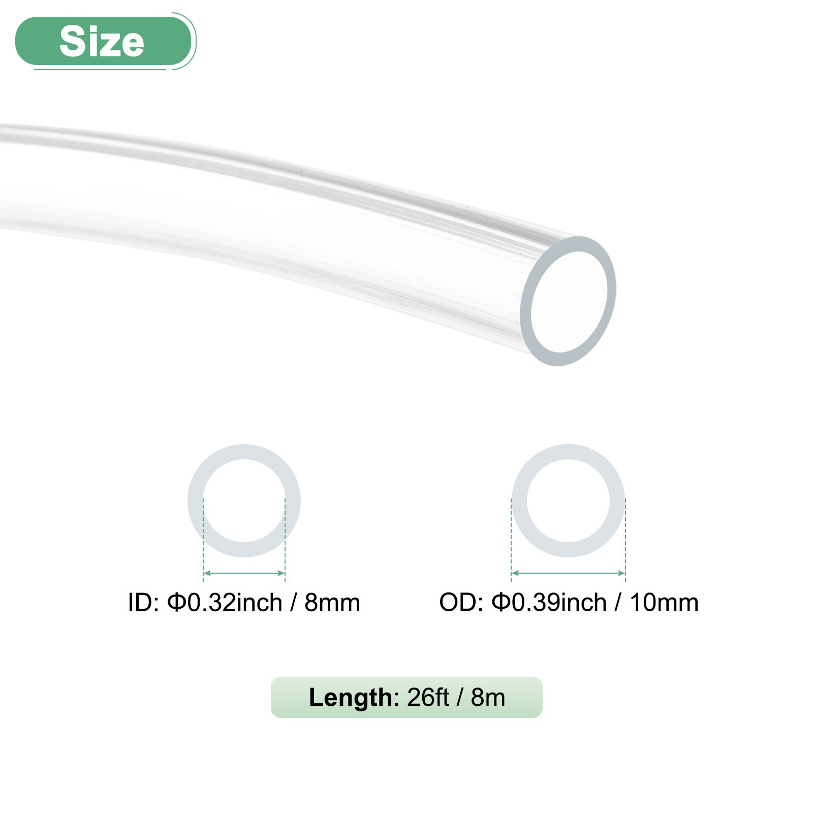 Clear Plastic Tubing, 0.32Inch(8mm) ID 0.39Inch(10mm) OD, 26ft(8m) Length