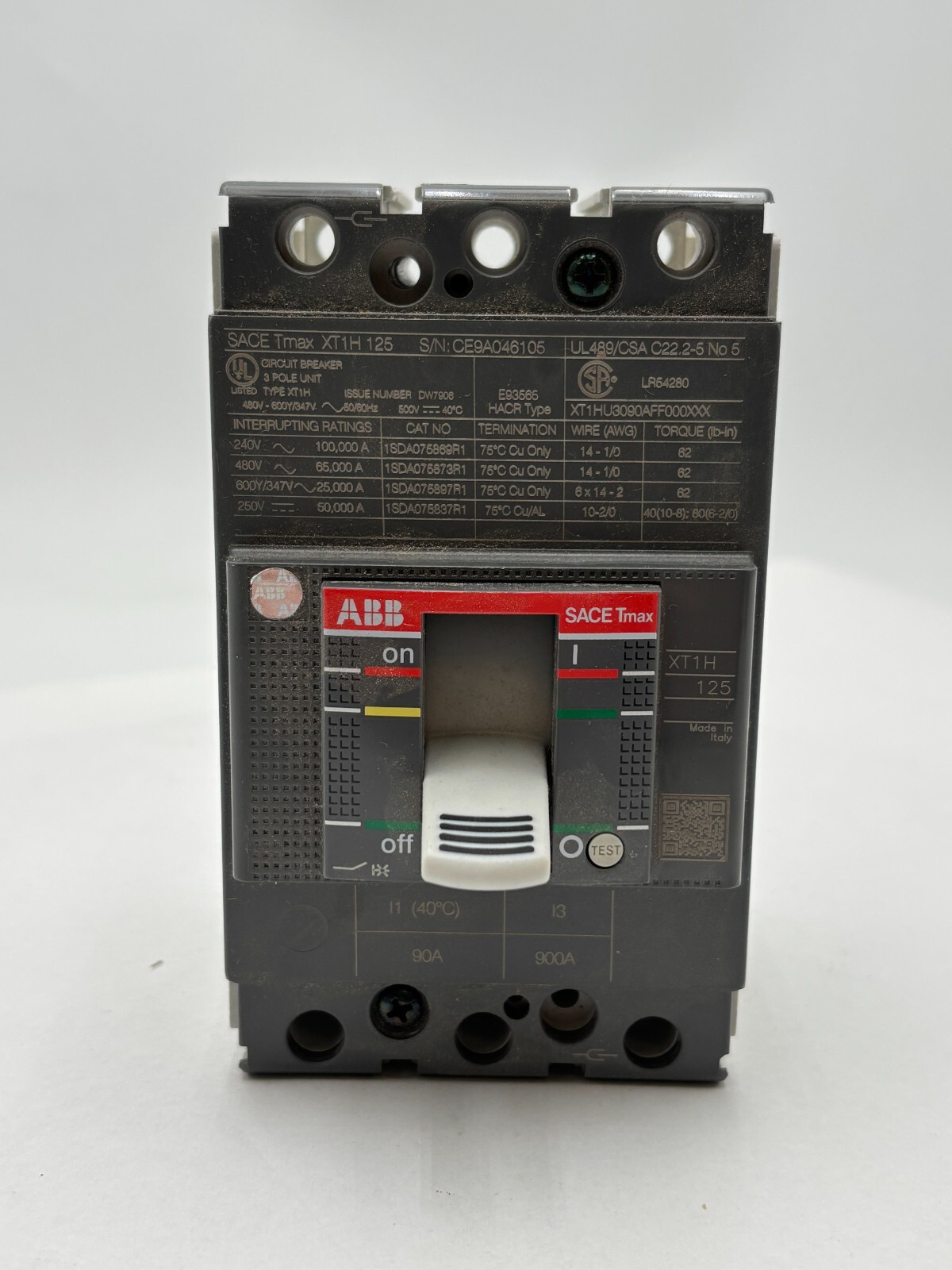 ABB SACE Tmax XT1H125 Bolt-On Circuit Breaker 90A 600VAC 3P 3PH Type XT1H 3 Pole