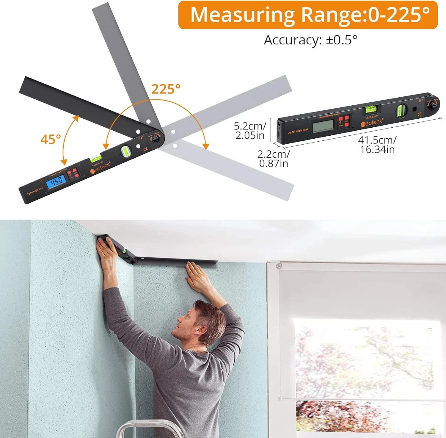 Aluminum Digital Angle Finder Protractor 225° 16 Inch Backlit LCD Digital with H