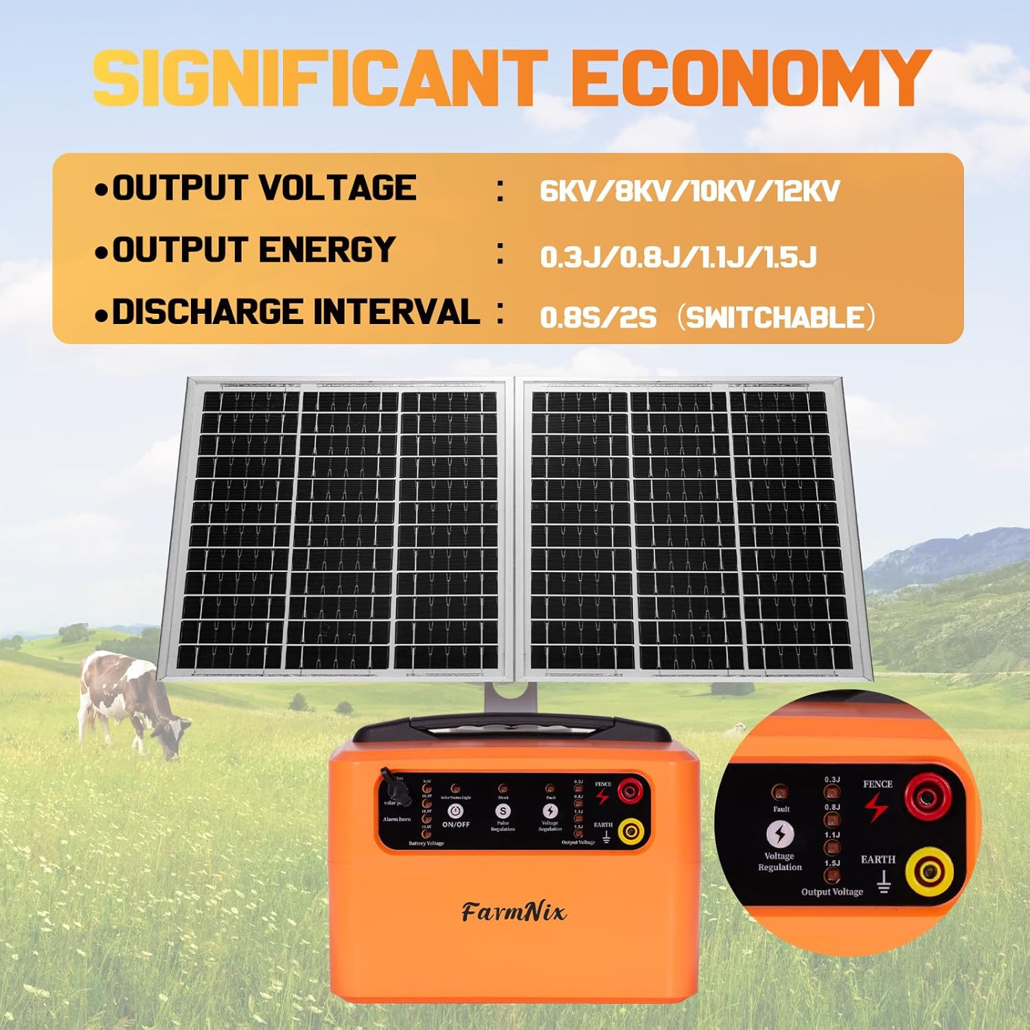 24 Hour Solar Electric Fence Charger, 30 Miles Solar Fence Energizer, 6-12KV Adj