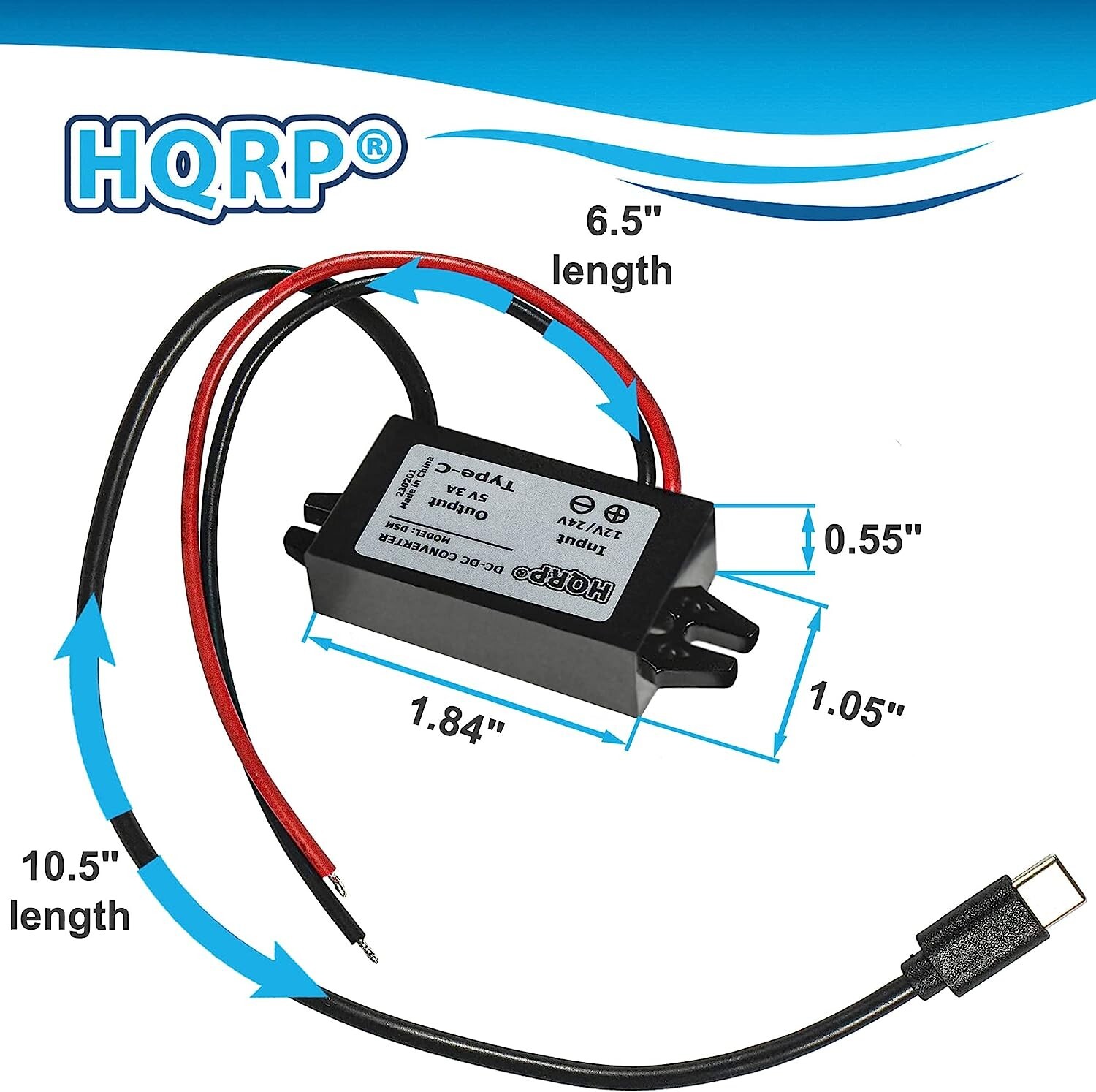 HQRP DC-DC Step Down Converter 12/24V to 5V 3A 15W with Type-C Male Connector