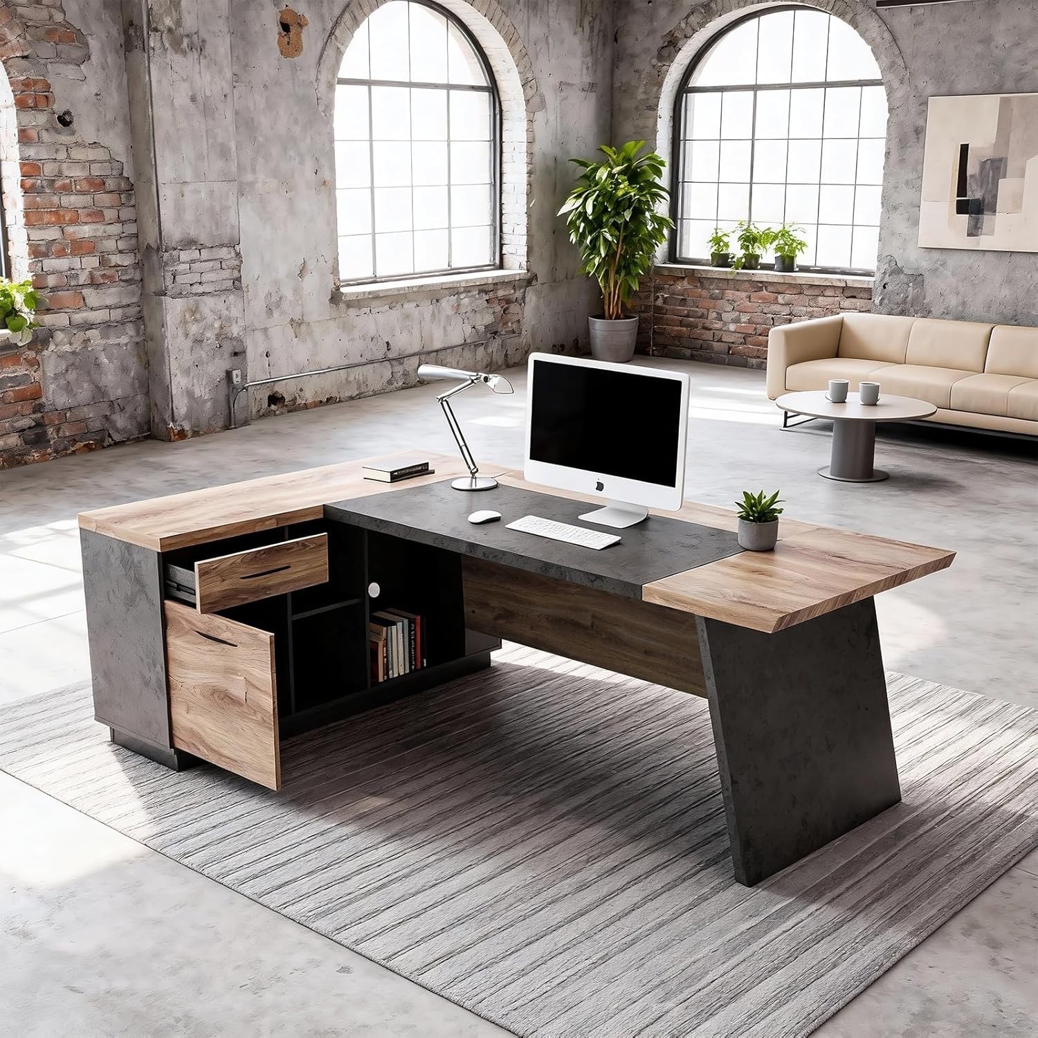 78.74in L-Shaped Large Computer Executive Office Desk w/Drawers & Storage Shelve